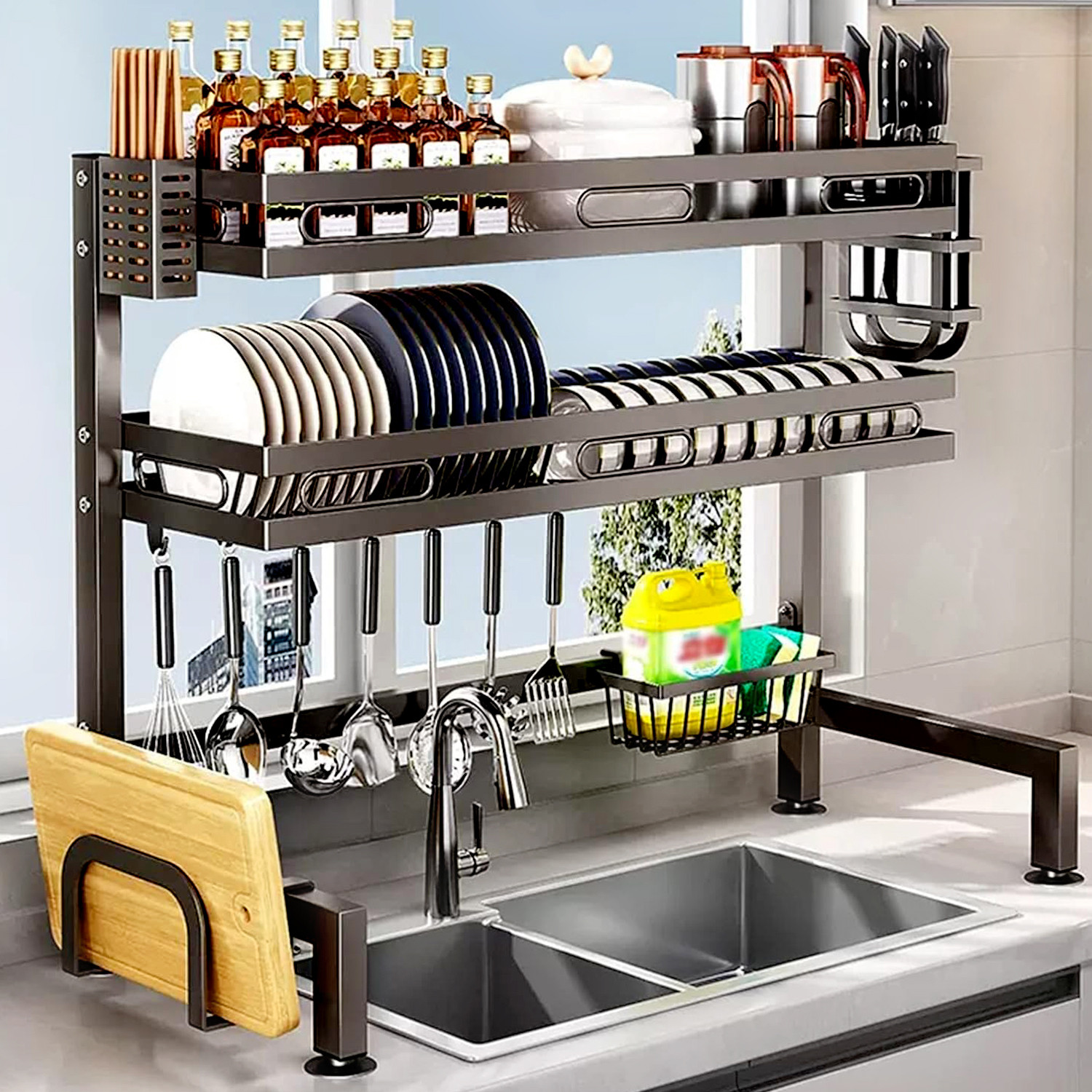 Image of iBELL Dish Drainer Kitchen Rack Carbon Steel IBLDR275 Over Sink Dish Rack,Carbon Steel /Drainer Shelf /Utensils Storage,2 Layer
