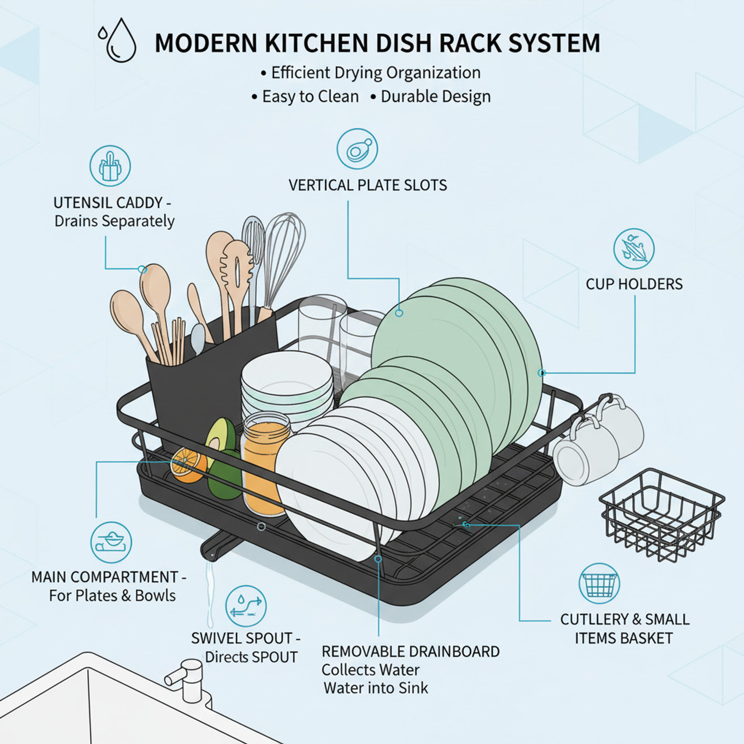 Image of V DECOR Dish Drainer Kitchen Rack Premium Over Sink Dish Drying Rack with Drainboard Tray D66 Steel