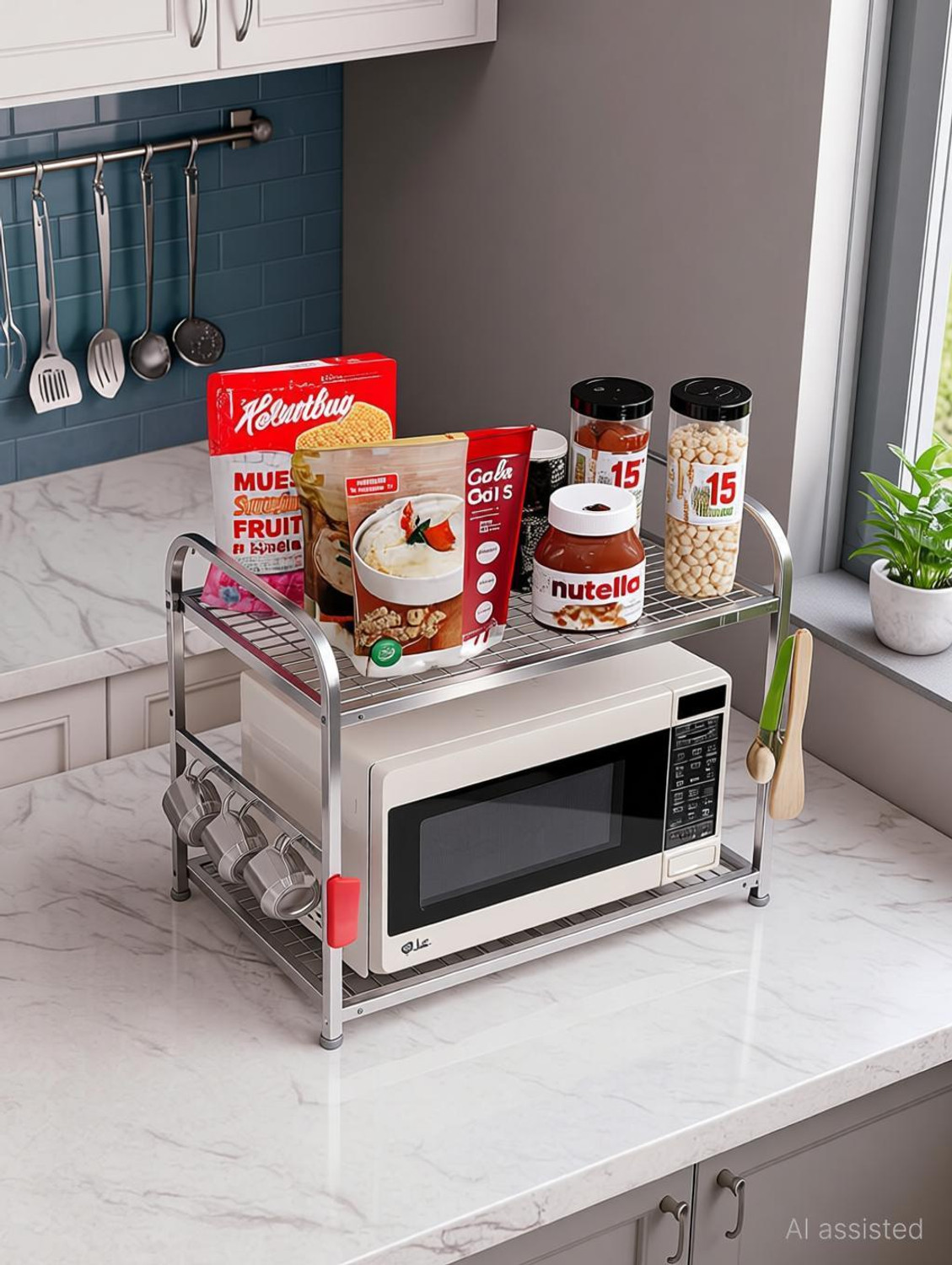Image of Flipkart SmartBuy Utensil Kitchen Rack Steel Oven Rack Microwave Stand 2 Tier Microwave Shelf Rack for Kitchen