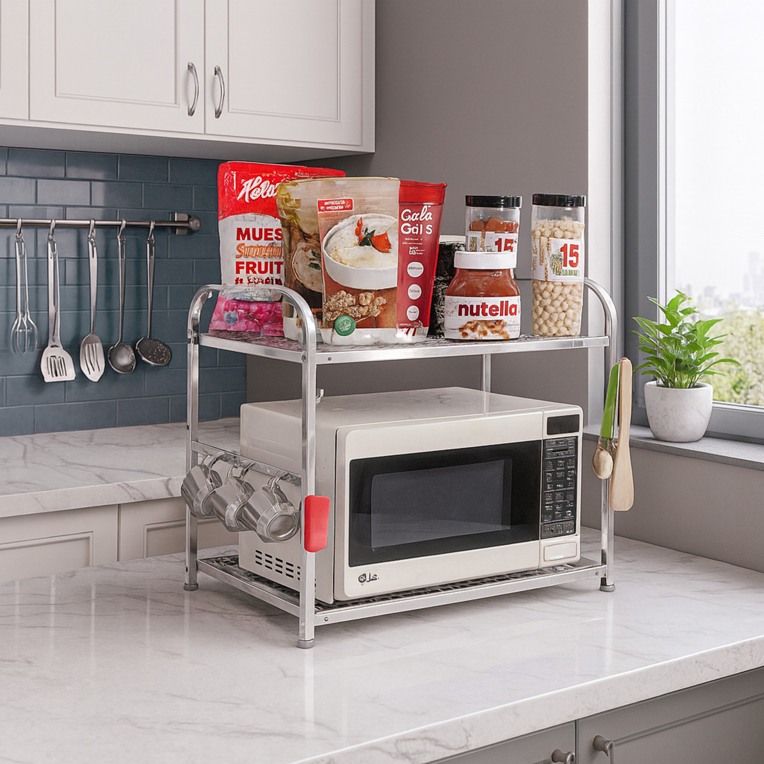 Image of Flipkart SmartBuy Utensil Kitchen Rack Steel Oven Rack Microwave Stand 2 Tier Microwave Shelf Rack for Kitchen