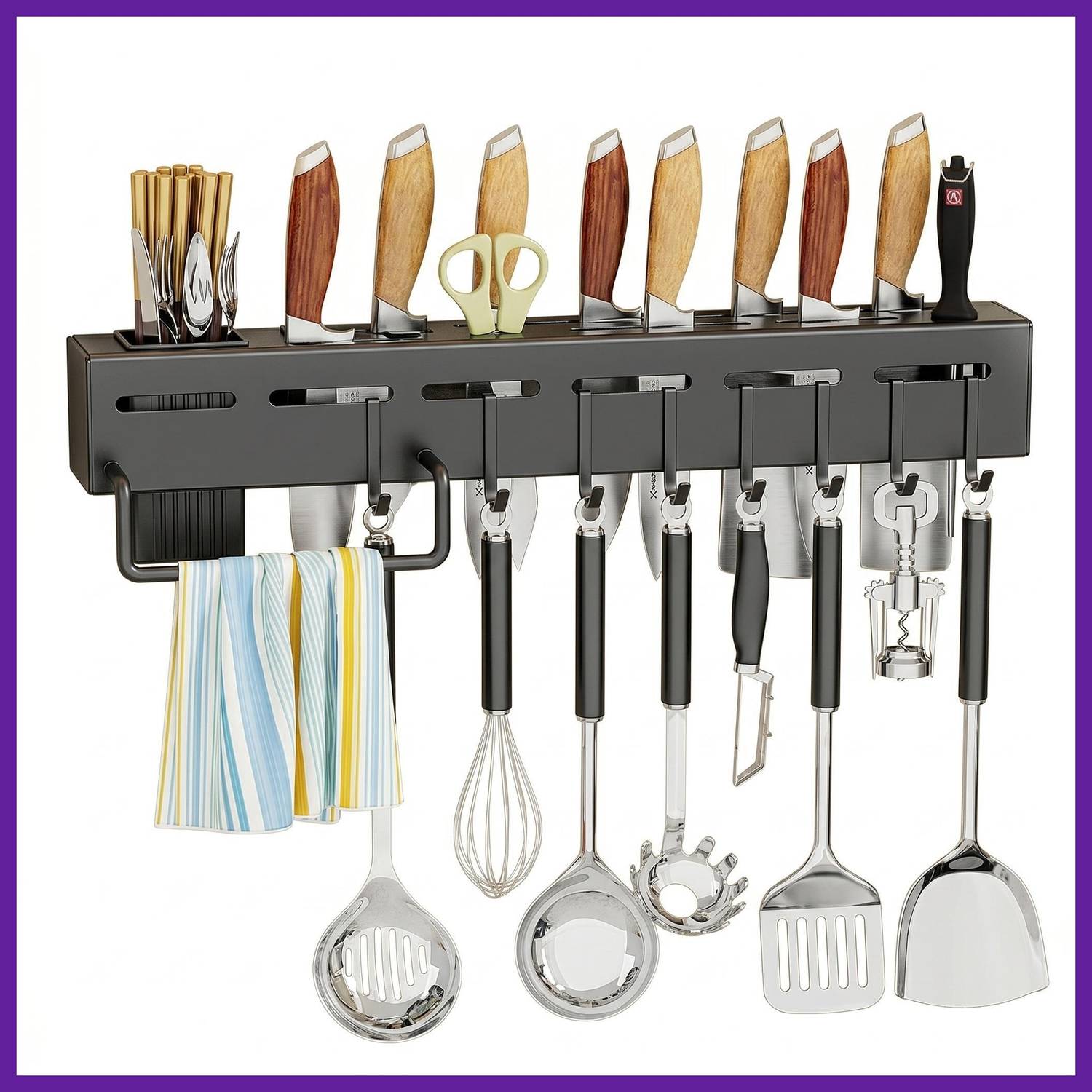 Zenzone Cutlery Kitchen Rack Iron Knife Holder Spatula Ladle Hanging Rack | Rust Resistant Self Adhesive — Kitchen Organizers & Racks