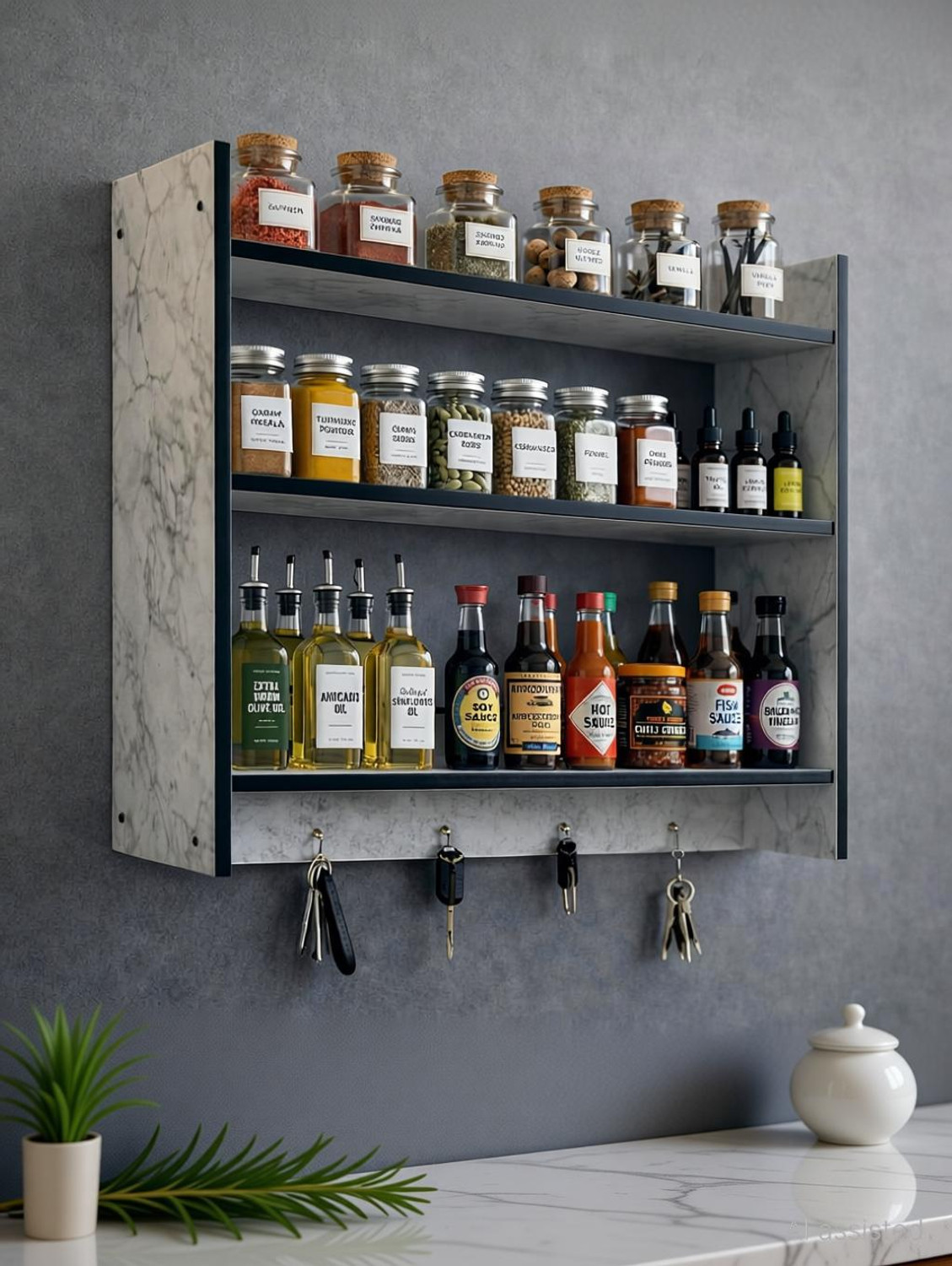 Image of NITVANI HANDICRAFT Containers Kitchen Rack Wood Modern Marble Design Kitchen Organizer for Spice Jars, Containers|
