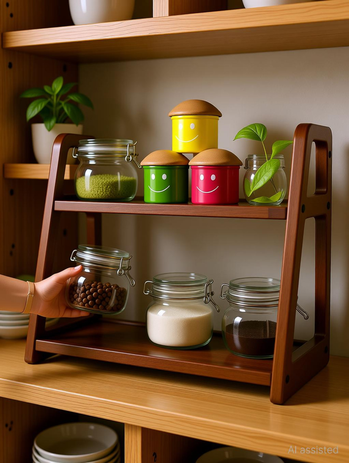 Image of TRACKORZO Containers Kitchen Rack Wood Premium Wooden Kitchen Organizer Rack - 2-Tier Spice & Stand Wooden Kitchen Rack