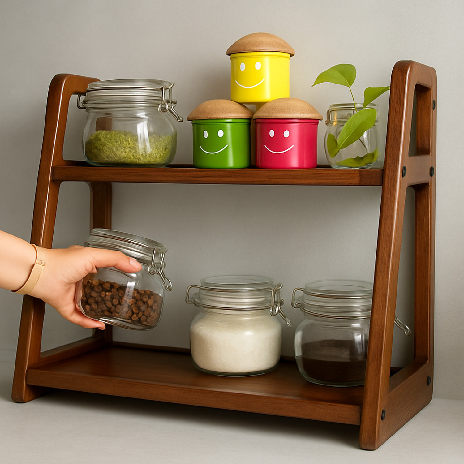 Image of TRACKORZO Containers Kitchen Rack Wood Premium Wooden Kitchen Organizer Rack - 2-Tier Spice & Stand Wooden Kitchen Rack