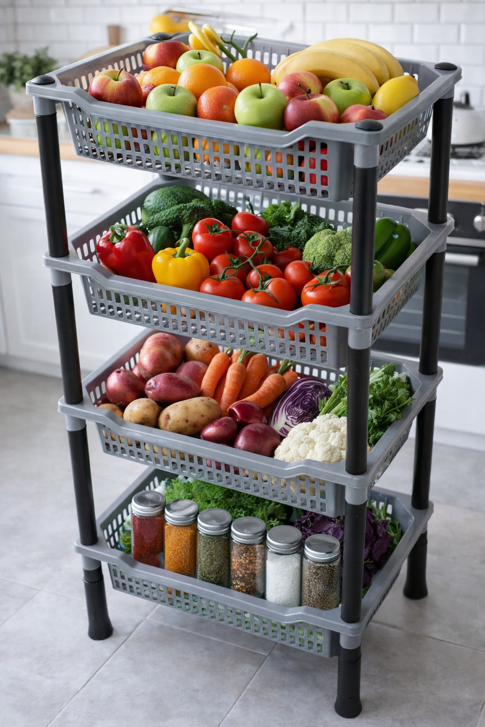 Image of DM PLUS Fruits /Vegetables Kitchen Rack Plastic 4 Tier Multipurpose Plastic Storage Rack | GREY