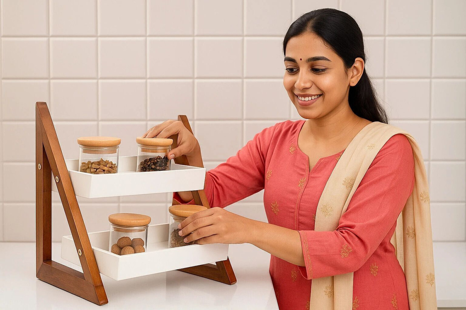 Image of HAPY HAVEN Containers Kitchen Rack Wood Kitchen Rack Wood Unique Triangular Design Kitchen Countertop Organizers /Kitchen