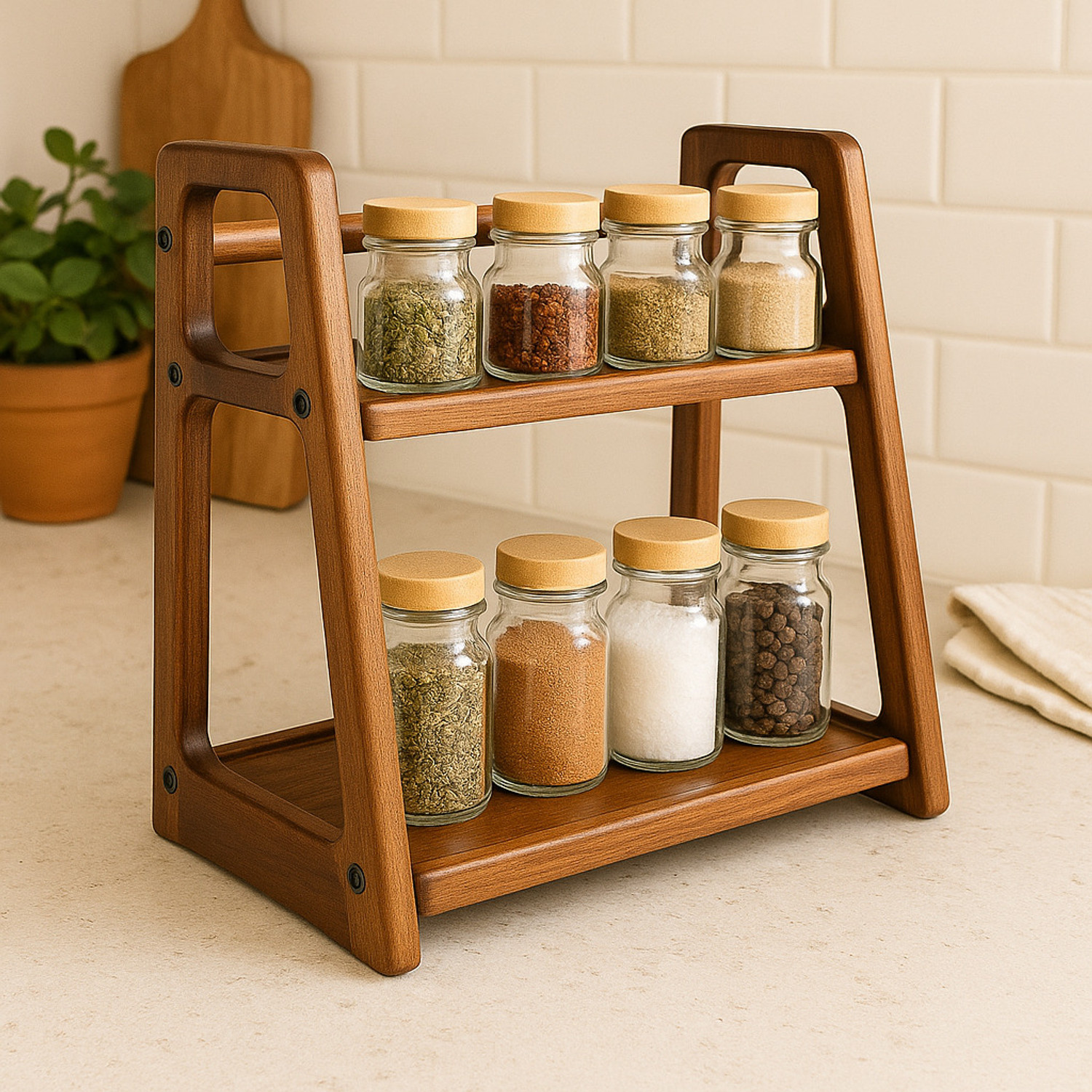 Image of TRACKORZO Containers Kitchen Rack Wood Premium Wooden Kitchen Organizer Rack - 2-Tier Spice & Stand Wooden Kitchen Rack