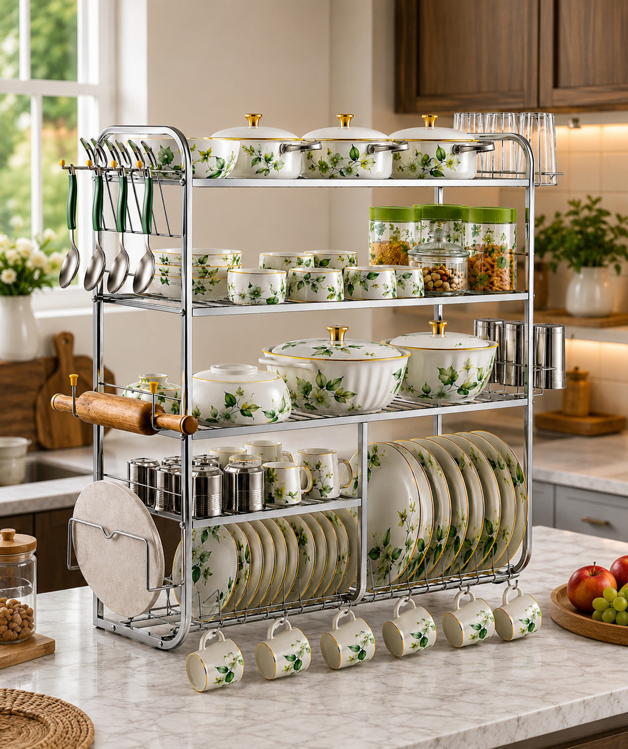Image of AVAIL Utensil Kitchen Rack 5 Layer Wall Mount Kitchen Dish Rack / Plate Cutlery Stand Steel