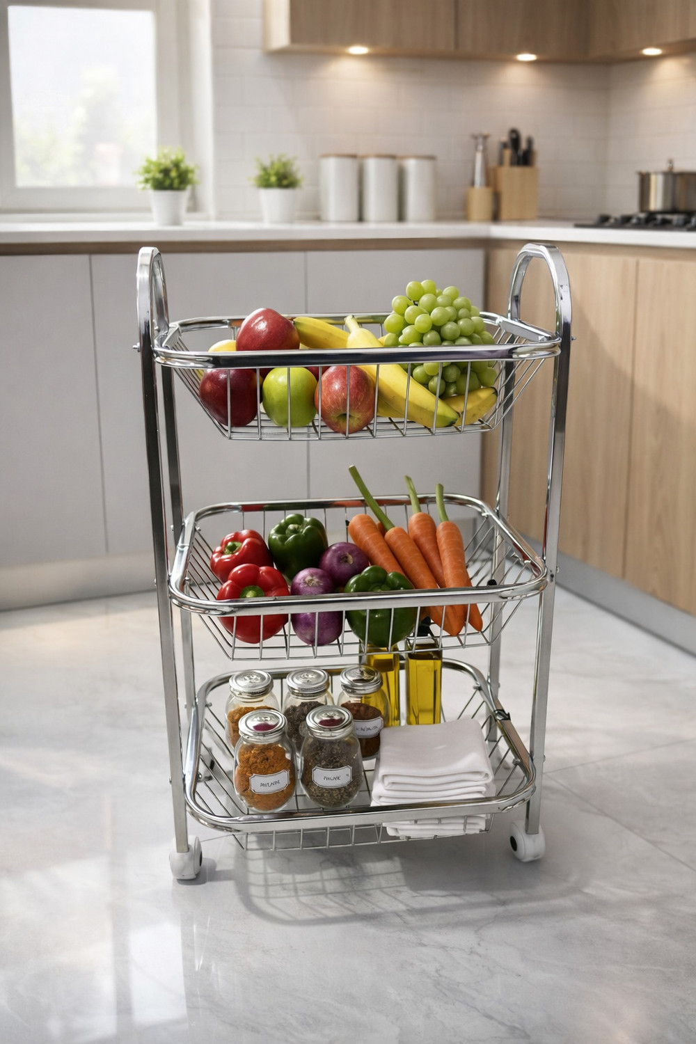 Image of HardRoss Fruit & Vegetable Trolley 3 Step|kitchen accessories | Stainless Steel Kitchen Trolley