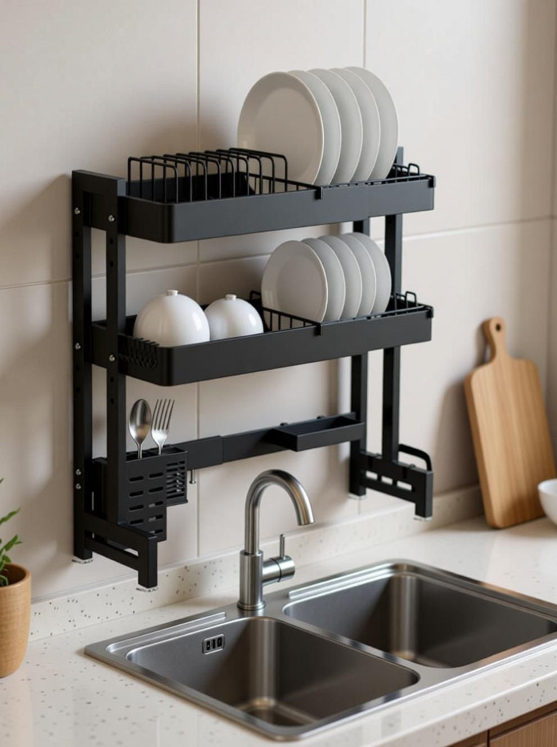 Image of iBELL Dish Drainer Kitchen Rack Carbon Steel DR293SM Adjustable Dish Rack, 2 Layer Over Sink Stand, Extendable Carbon Steel