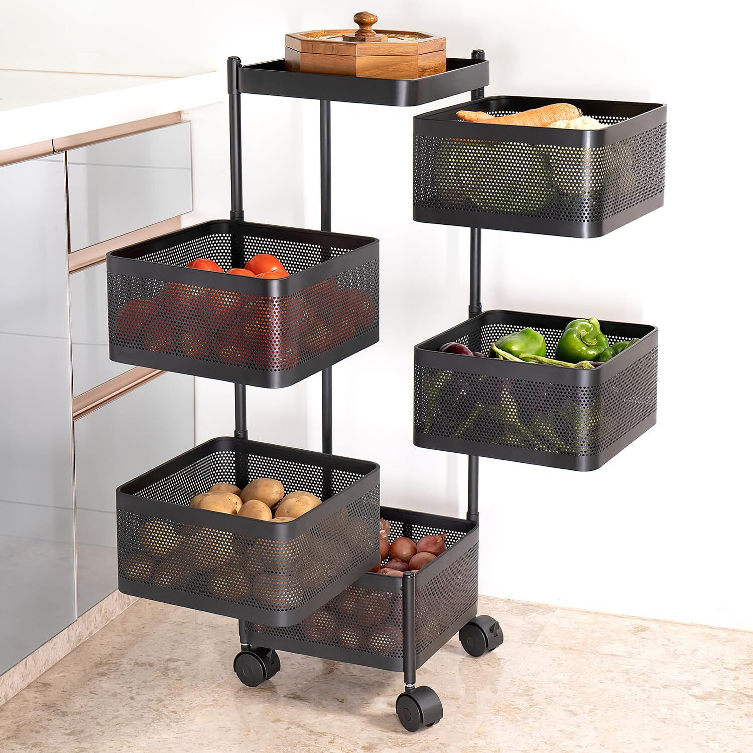 Image of ZooY 5 Layer Kitchen Trolley Storage Rack Square Design Fruits & Vegetable Basket Iron Kitchen Trolley