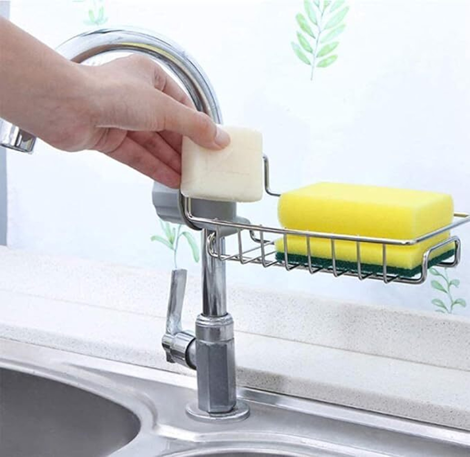 Image of AABRION Containers Kitchen Rack Steel Stainless Steel Sink Sponge Tap Organizer for Kitchen Faucet Shelf