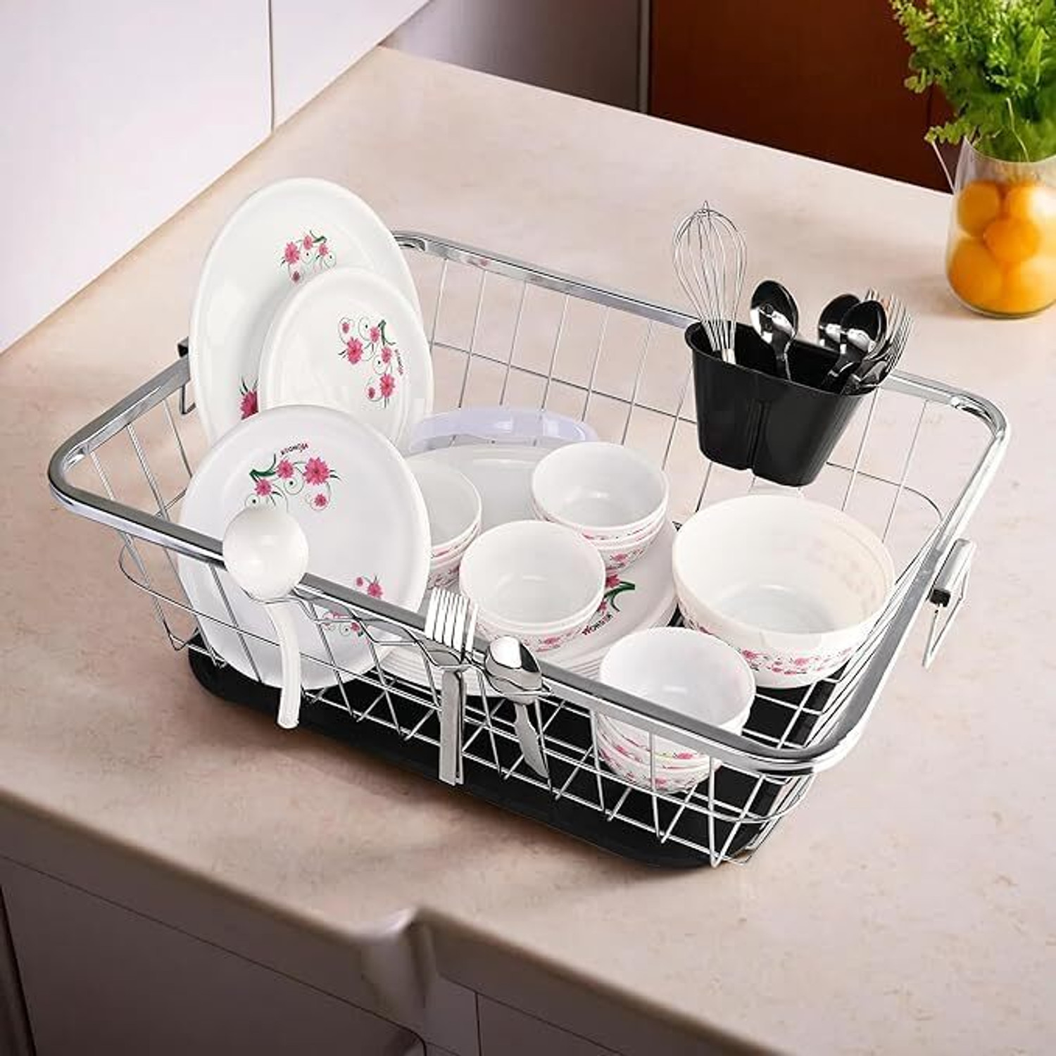 Image of VIROVIA Dish Drainer Kitchen Rack Steel Dish Drying Rack Steel with Tray & Spoon Holder Kitchen Organizer