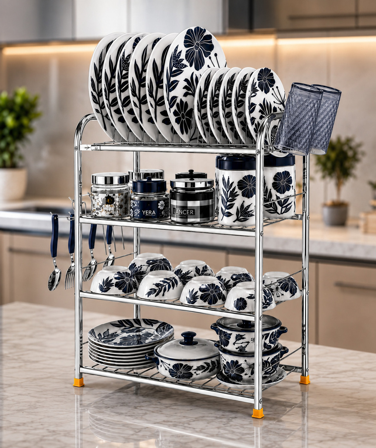 Image of AVAIL Utensil Kitchen Rack Steel Steel Kitchen Rack 4 lAYER Utensil Kitchen Rack Steel Wall Mount Rack(24x18)