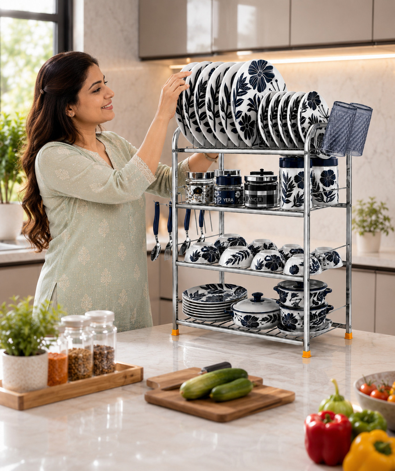 Image of AVAIL Utensil Kitchen Rack Steel Steel Kitchen Rack 4 lAYER Utensil Kitchen Rack Steel Wall Mount Rack(24x18)
