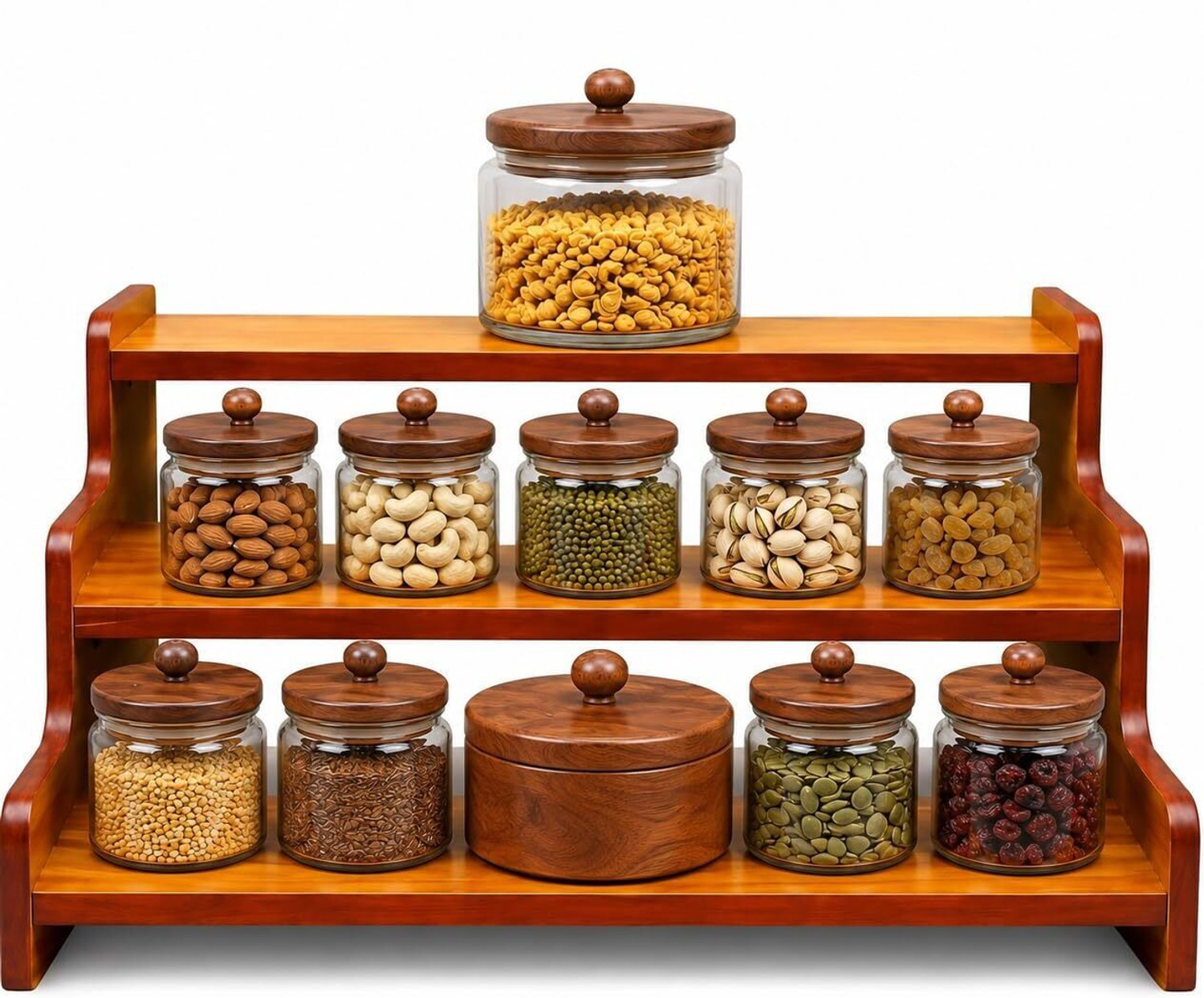 Image of LIXERA Containers Kitchen Rack Wood Wooden 3 Tier Kitchen Organizer Rack for Countertop