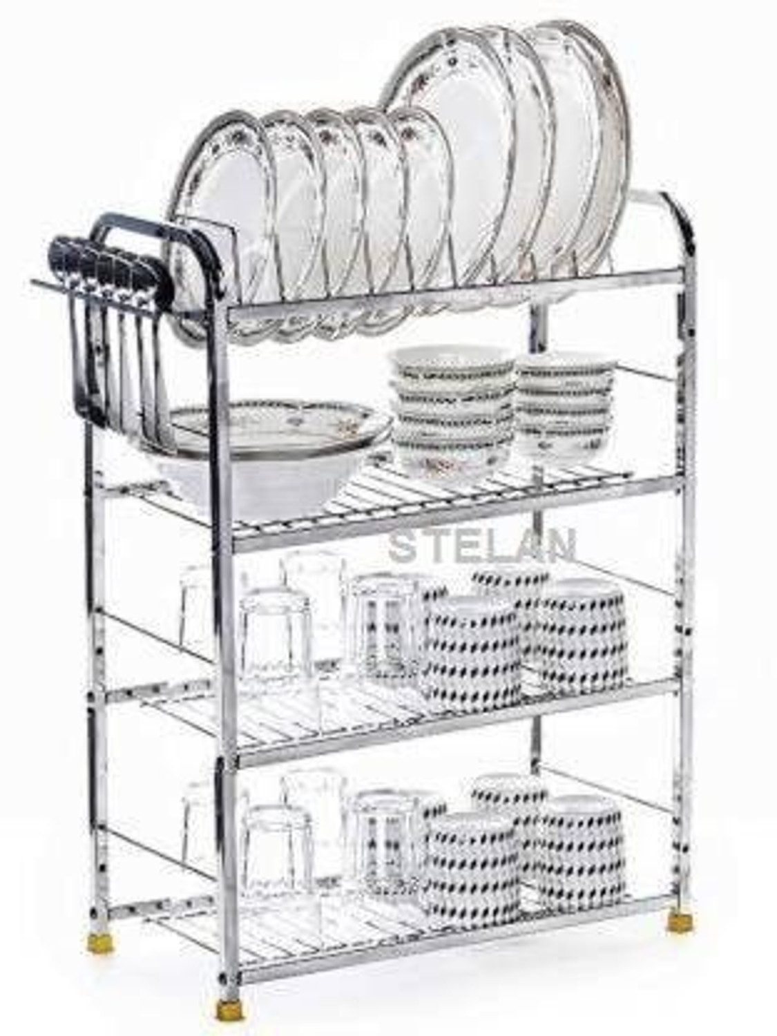 Image of Nextar Containers Kitchen Rack Steel 4 Shelf Wall Mount Rack with Plate & Cutlery Stand (24*18 Inch )