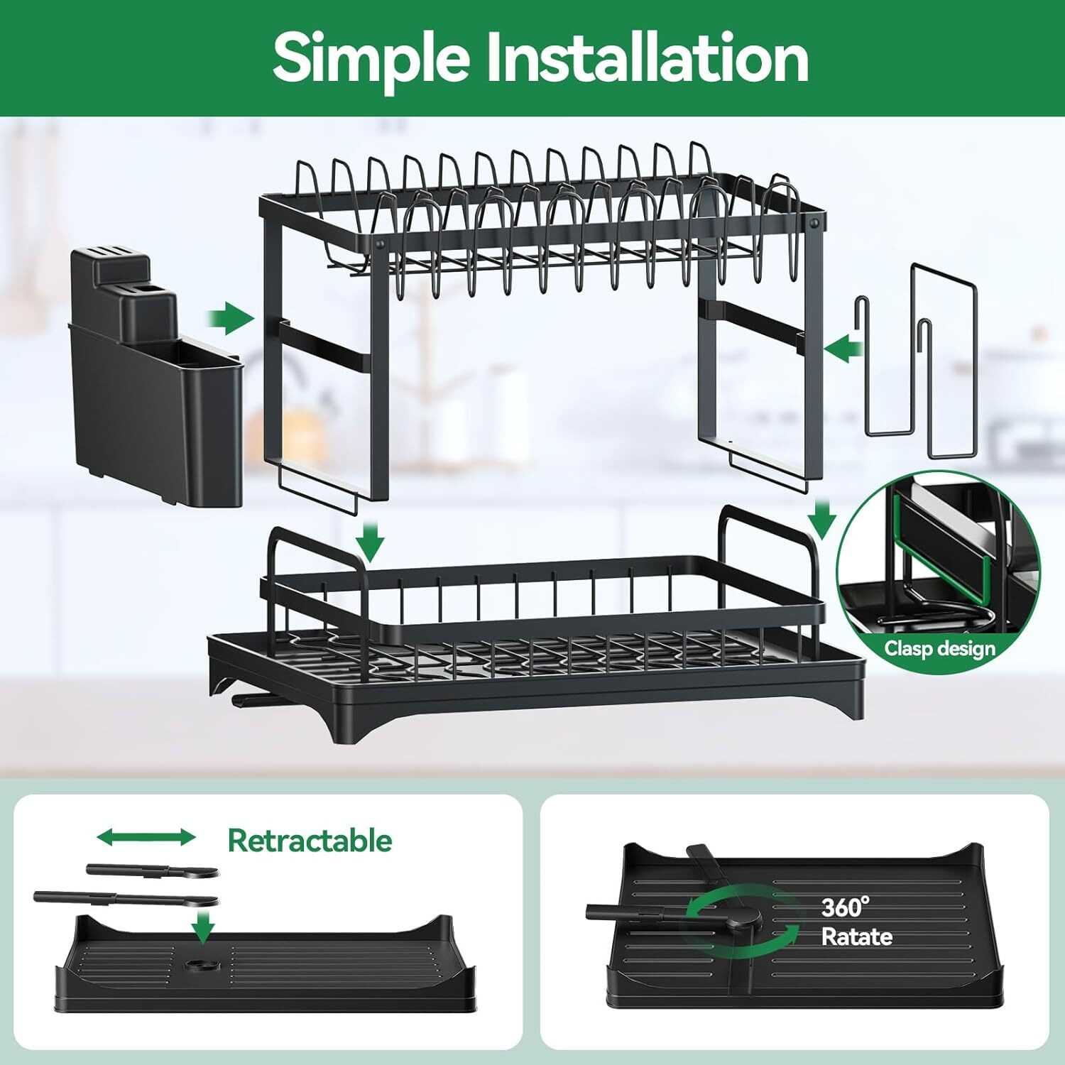 Image of ZENOVIA Dish Drainer Kitchen Rack Steel Black 2-Tier Dish Drying Rack & Kitchen Organizer with Drain Tray & Holders