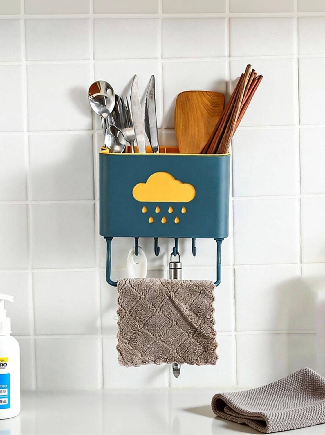 AMEEDARSHAN Cutlery Kitchen Rack Plastic Kitchen Adhesive Drainage Storage Rack Chopstick Fork Holder Hanger Hook Basket,Countertop Kitchen Utensil Organizer Flatware Caddy,Drying Rack Basket