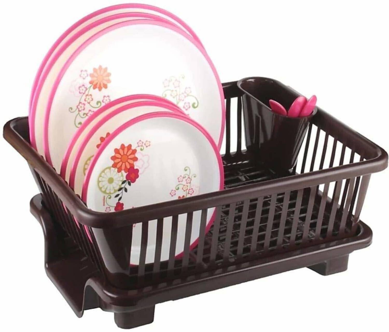 Quickmart Dish Drainer Kitchen Rack Plastic 3in1 Large Sink Set Rack Pink Drying Washing Basket&Tray — Kitchen Organizers & Racks