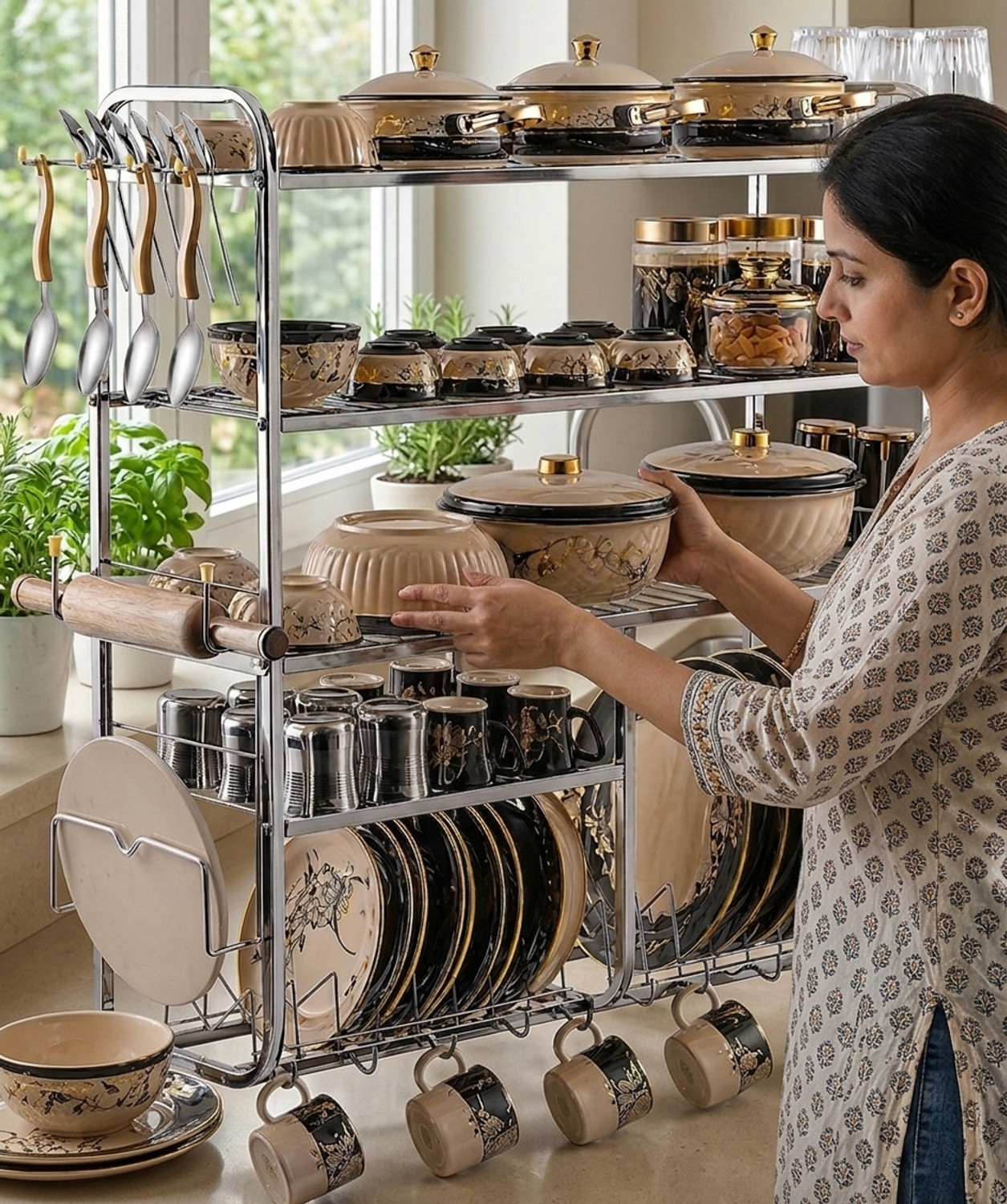 Image of AVAIL Utensil Kitchen Rack Steel 5 Layer Wall Mount Kitchen Dish Rack / Plate Cutlery Stand / Kitchen Organizer