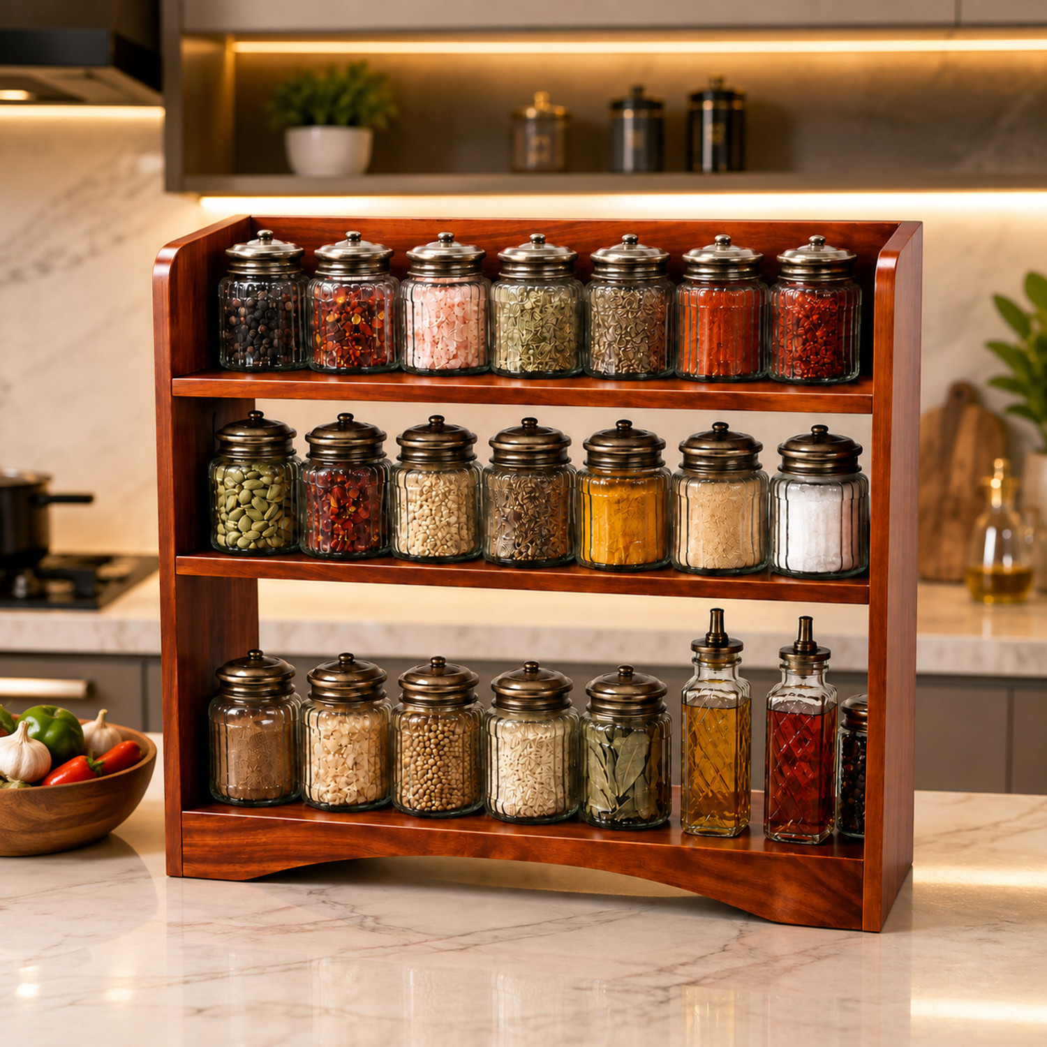 Image of MEENA ENTERPRISES Utensil Kitchen Rack Wood 3-Tier Wooden Kitchen Spice Rack Organizer with Glass Jars
