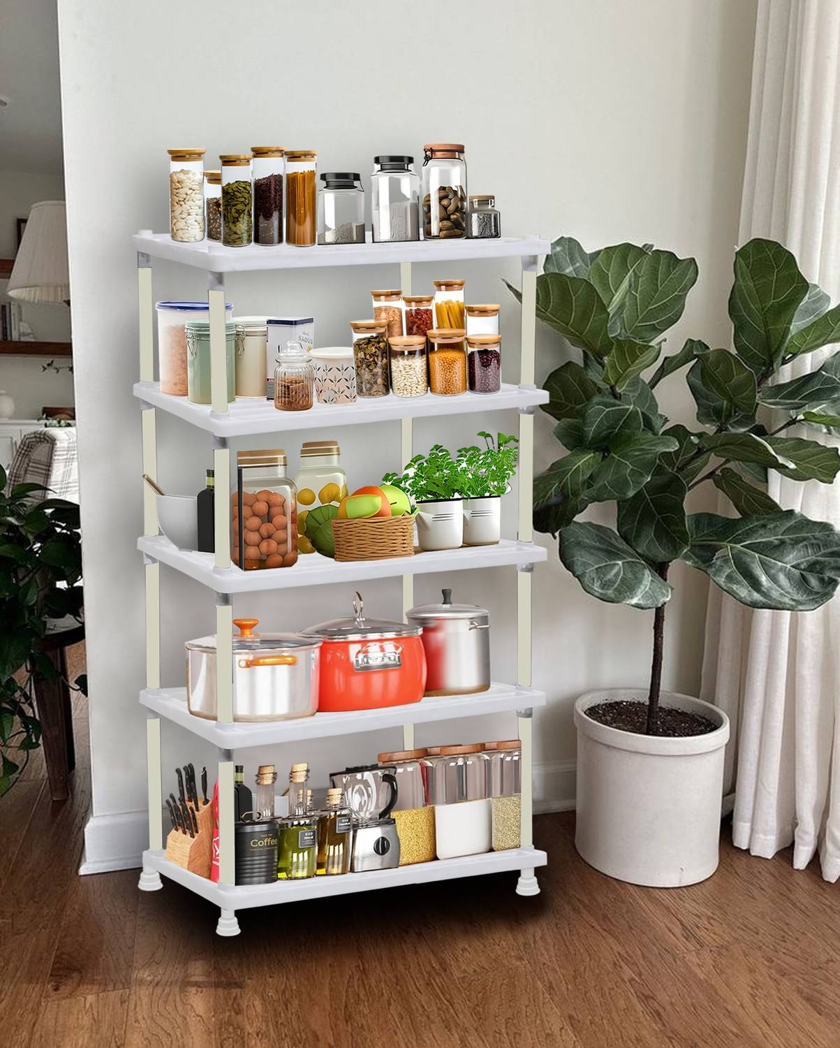 BHIMADA Fruits/Vegetables Kitchen Rack Plastic 5-Tier White Tray Kitchen Rack for Modern Home Organization