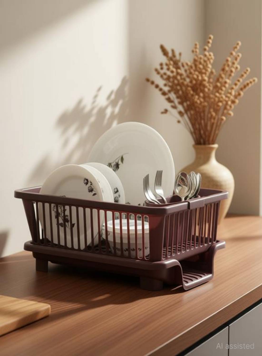 DDecora Dish Drainer Kitchen Rack Plastic 3 in 1 Large Sink Set Drying Washing Basket (BROWN)