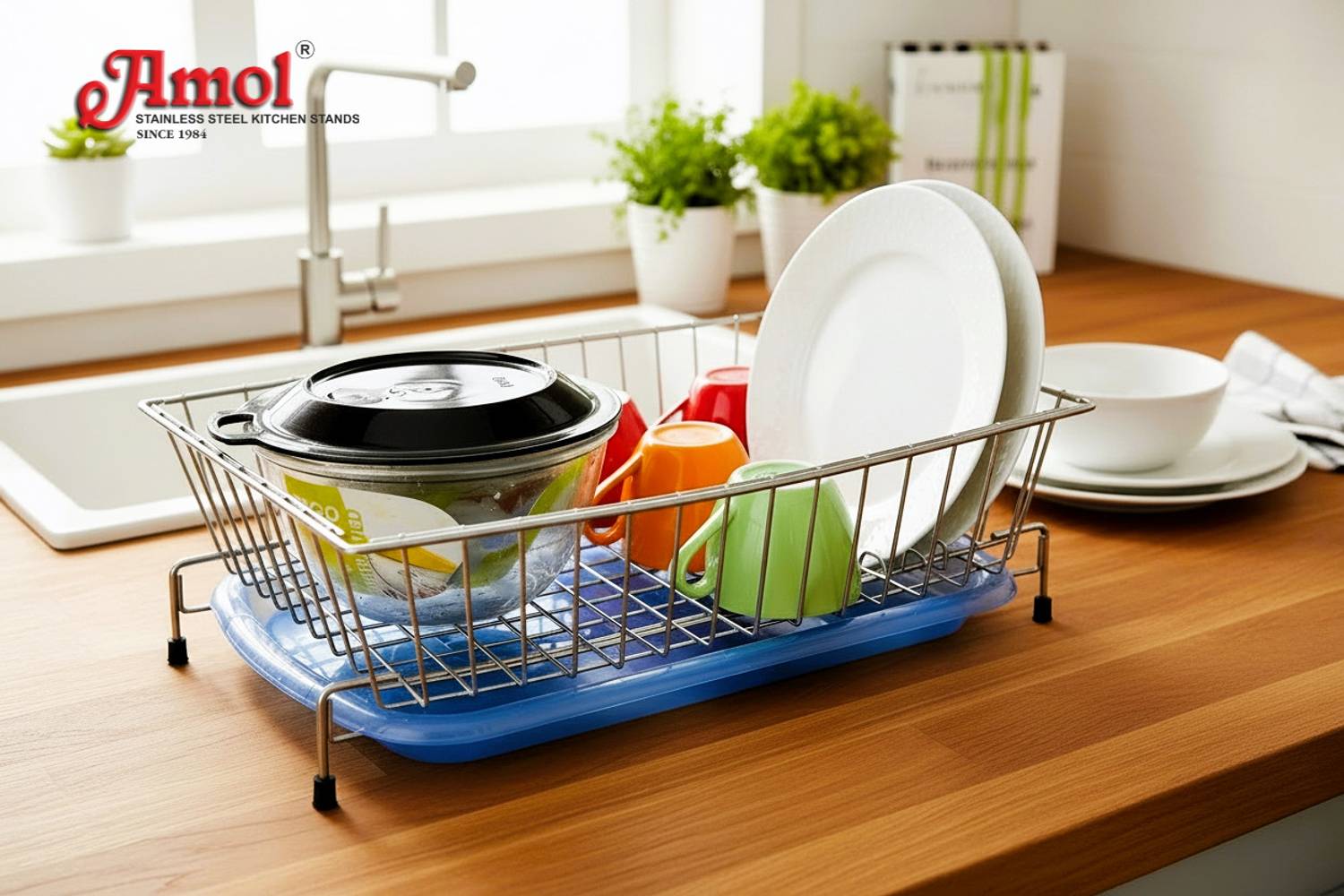 Amol Dish Drainer Kitchen Rack Steel Premium Stainless Steel Utensil Basket with Tray | Utensils Drain Stand