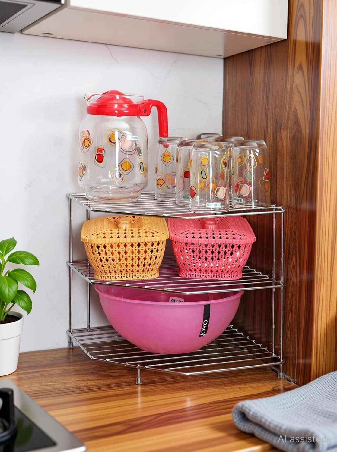 Image of MTRI Fruits /Vegetables Kitchen Rack Steel Stainless Steel kitchen corner / Storage Shelf Rack, Dish Rack