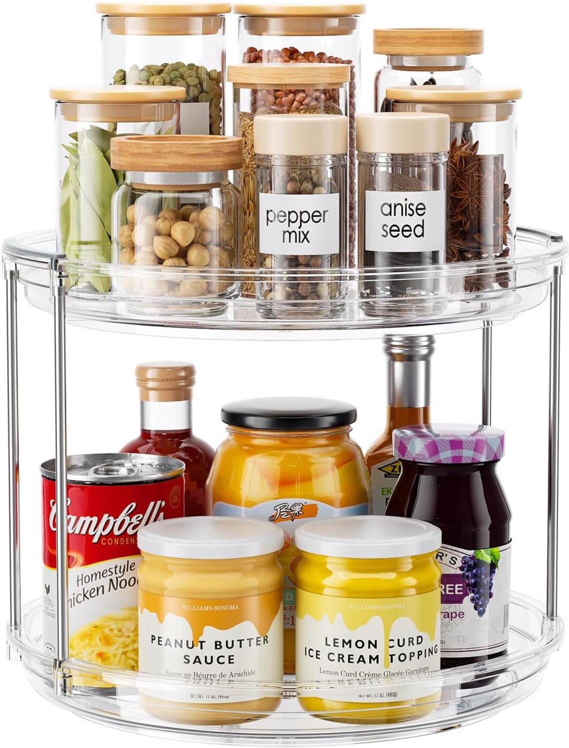 ON GATE Containers Kitchen Rack Plastic 2-Tier Lazy Susan Turntable Organizer, Rotating Spice Rack Organization