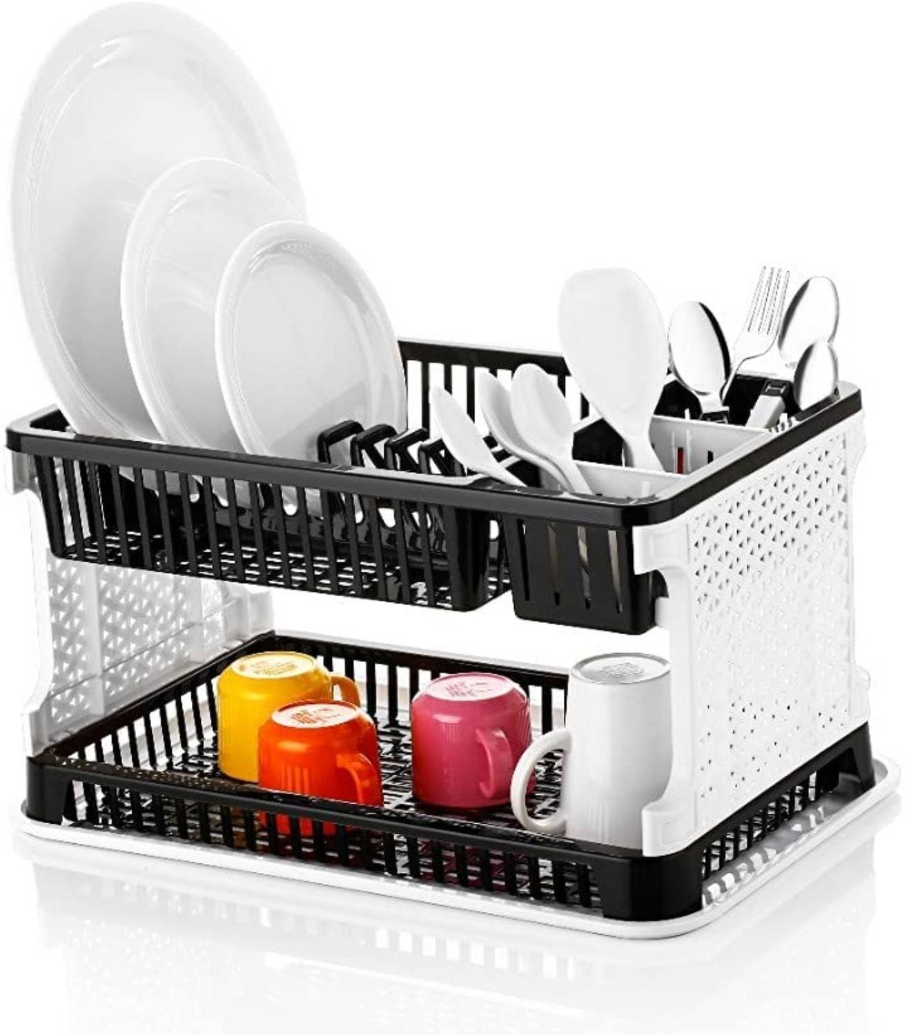 2Mech Dish Drainer Kitchen Rack Plastic 2-Tier Dish Drying Rack with Drain Tray & Cutlery Holder – Kitchen Organizer