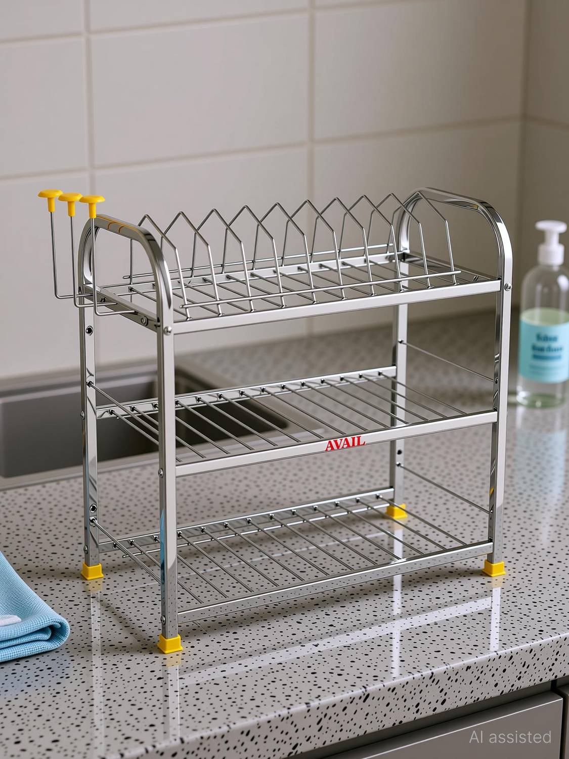 AVAIL Dish Drainer Kitchen Rack Steel Stainless Steel 3 Layer Wall Mount Kitchen Dish Rack/Kitchen(18x18 inches)