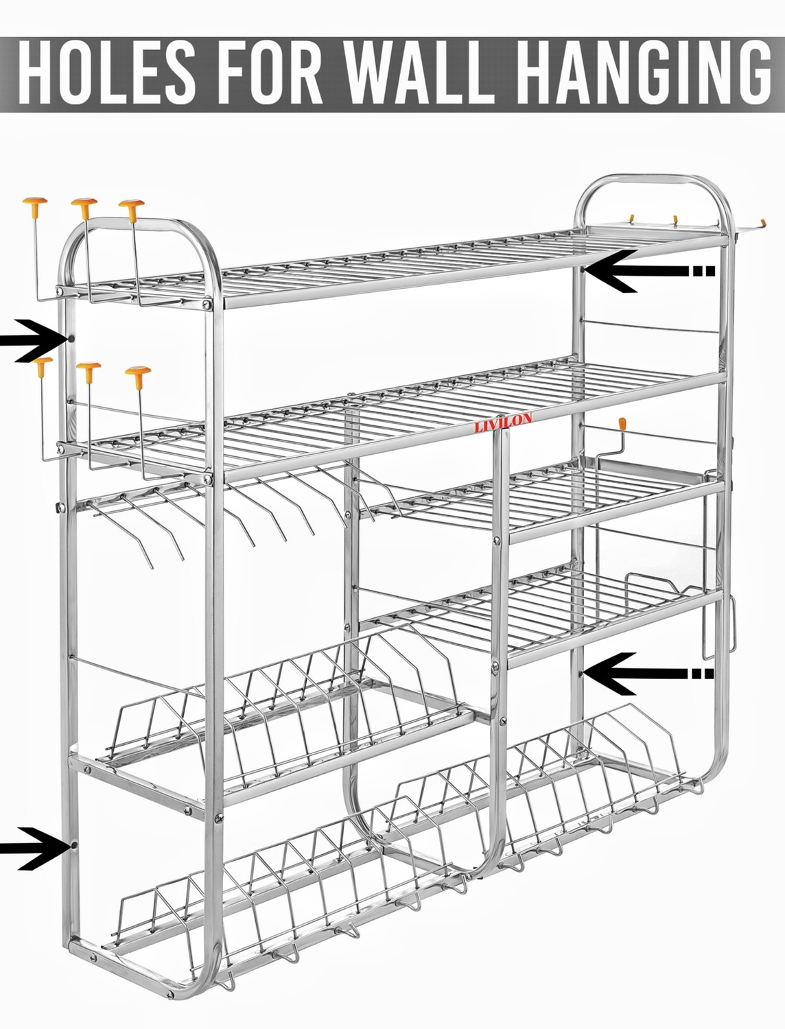 Image of L LIVILON Utensil Kitchen Rack Steel 5 Layer Wall Mount Kitchen Dish Rack Plate & Cutlery Stand / 31X30 inch