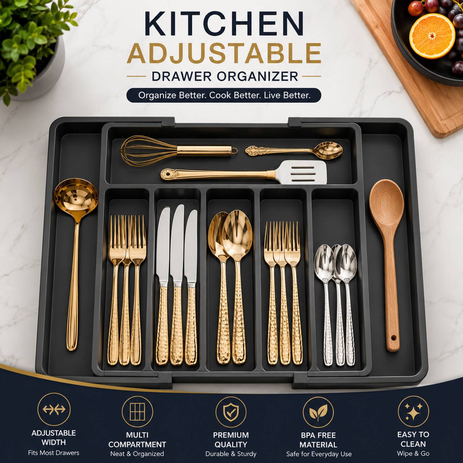 UPSILON Cutlery Kitchen Rack Plastic Kitchen Rack, Cutlery Drawer Organizer, Adjustable Utensil Tray — Kitchen Organizers & Racks