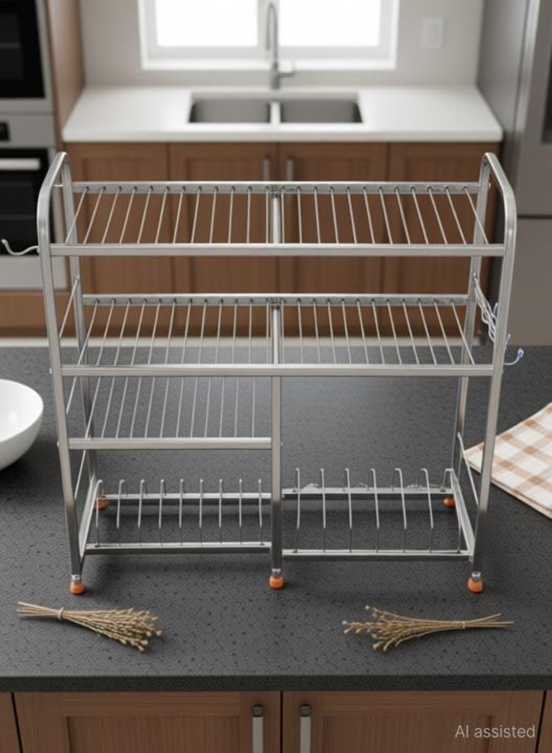 Image of USAENTERPRISES Utensil Kitchen Rack Steel Dish Rack with Plate & Cutlery Stand (24x24 inch)