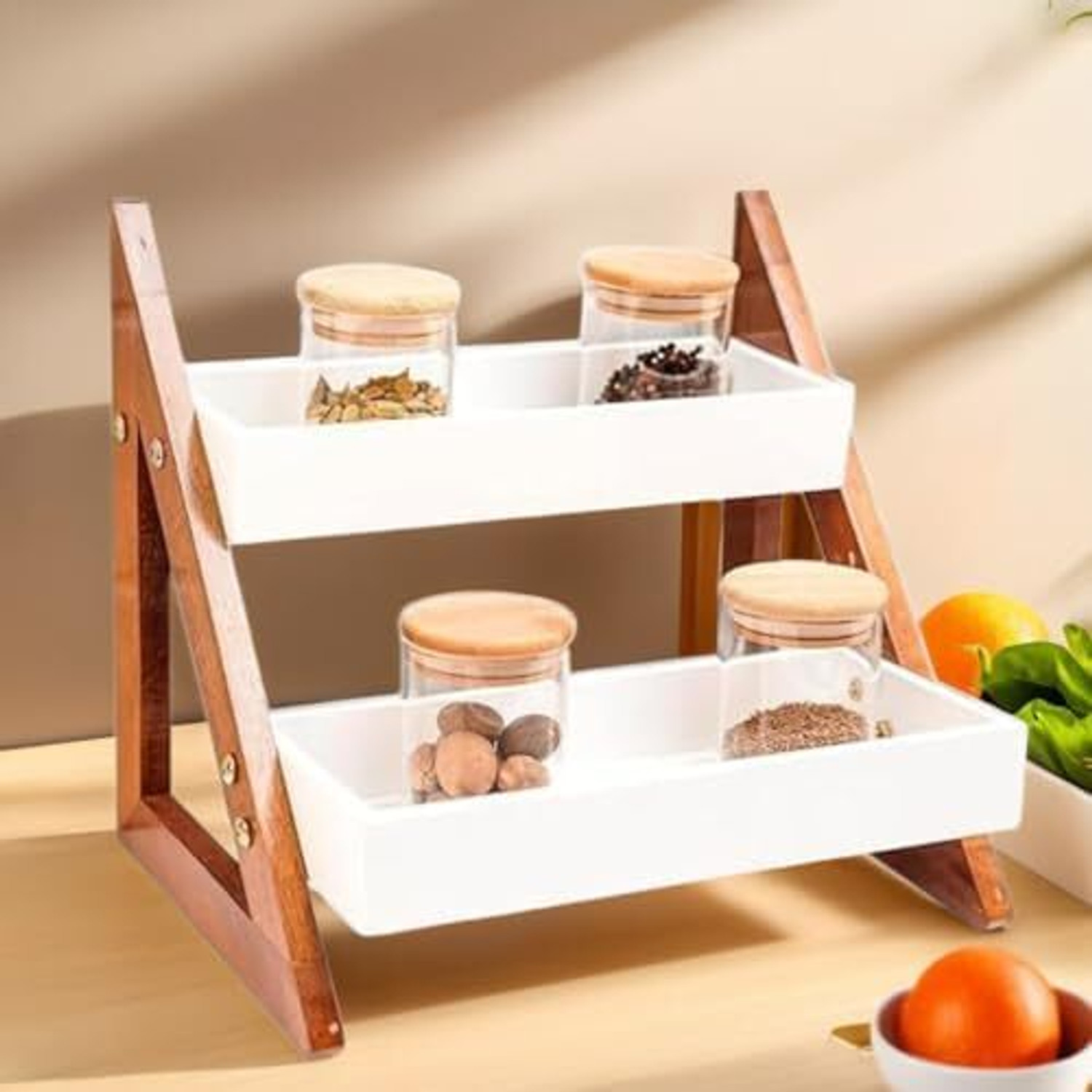 Image of Furniture Cafe Containers Kitchen Rack Wood Triangluar Countertop Spice Rack For Jars And Bottle Holder & Kithen Decor Item