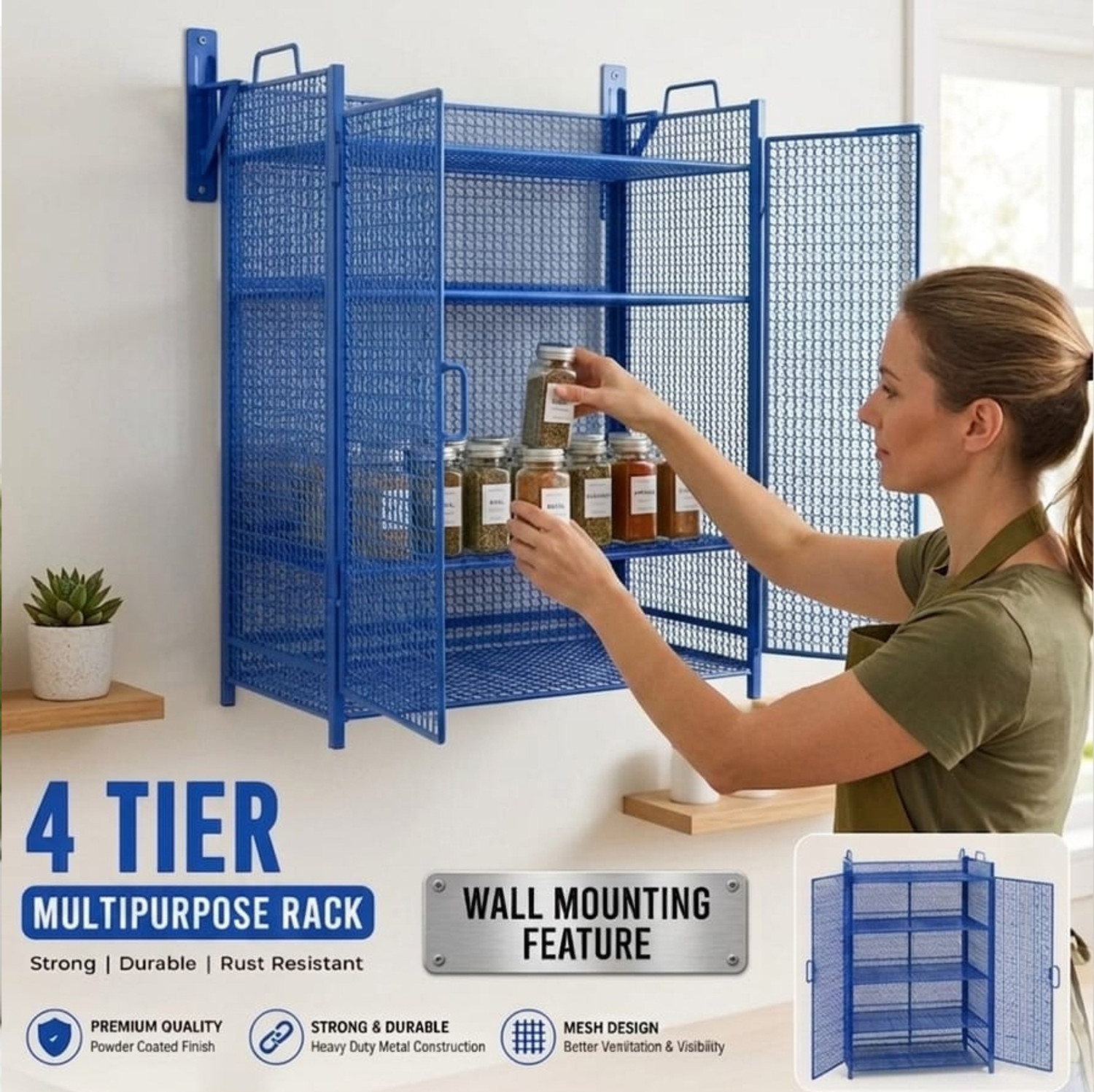 Image of Unityenterprise Fruits /Vegetables Kitchen Rack Metal Mesh Storage Cabinet 4 Layer Storage Rack (Blue) Steel