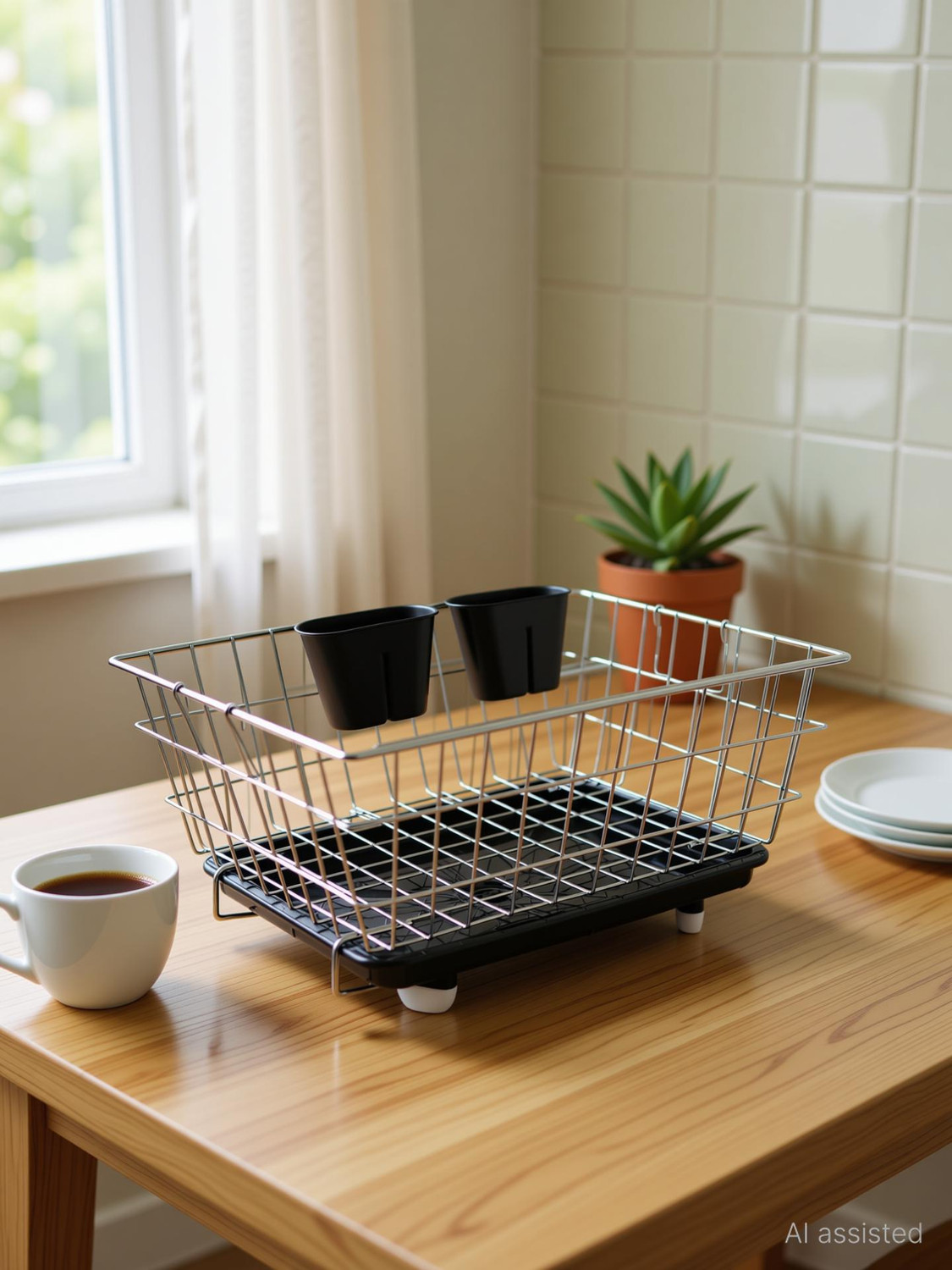 Image of Homazo Dish Drainer Kitchen Rack Steel dish Drainer Kitchen Rack Basket with black Cutlery Holder & Tray