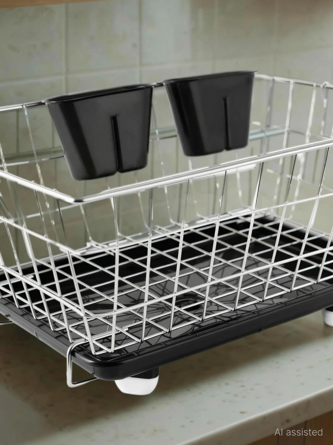 Image of Homazo Dish Drainer Kitchen Rack Steel dish Drainer Kitchen Rack Basket with black Cutlery Holder & Tray