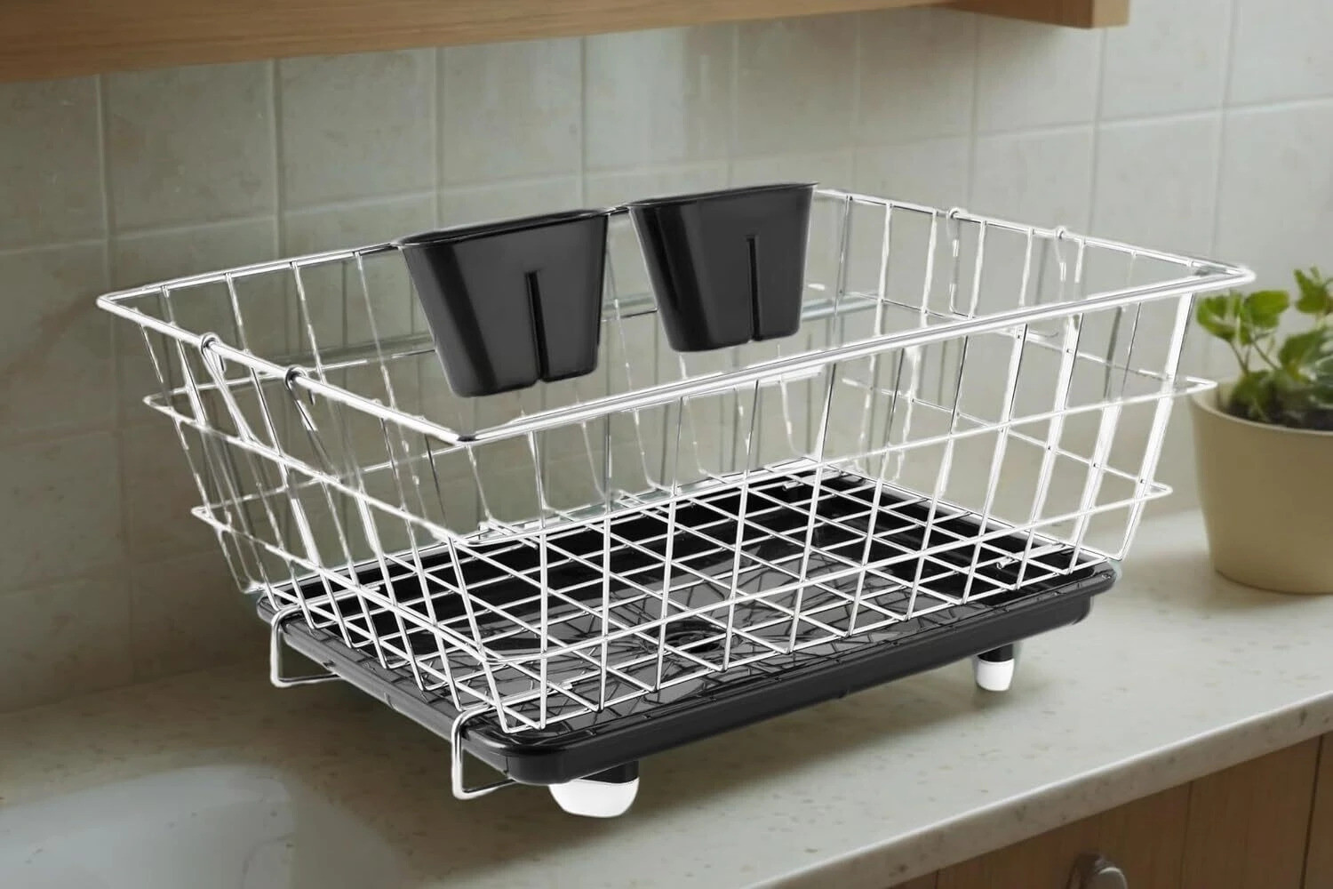 Image of Homazo Dish Drainer Kitchen Rack Steel dish Drainer Kitchen Rack Basket with black Cutlery Holder & Tray