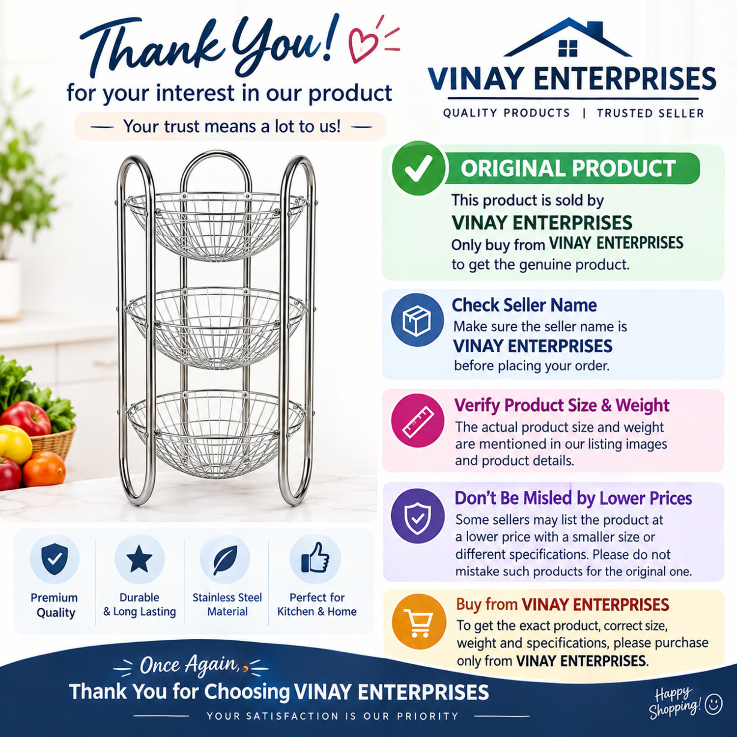 Image of KitchenAura Fruits /Vegetables Kitchen Rack Stainless Steel 3 Tier Fruit & Vegetable Basket Stand Steel