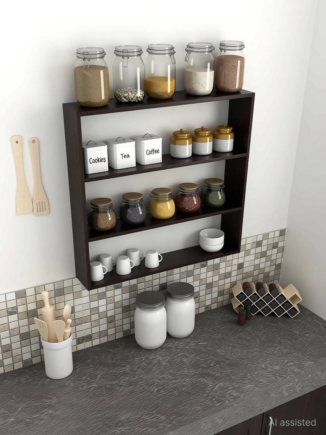 Carvedcreations Containers Kitchen Rack Wood Kitchen Wall Mounted Shelf Rack