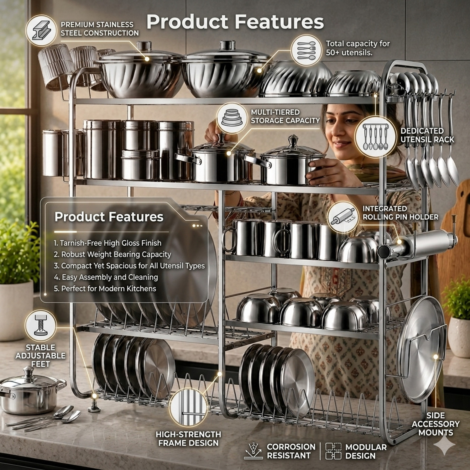 Image of DEMIQON Utensil Kitchen Rack Steel Good Quality Kitchen Rack | Dish Rack with Plate & Cutlery Stand 31 x 30 Inch