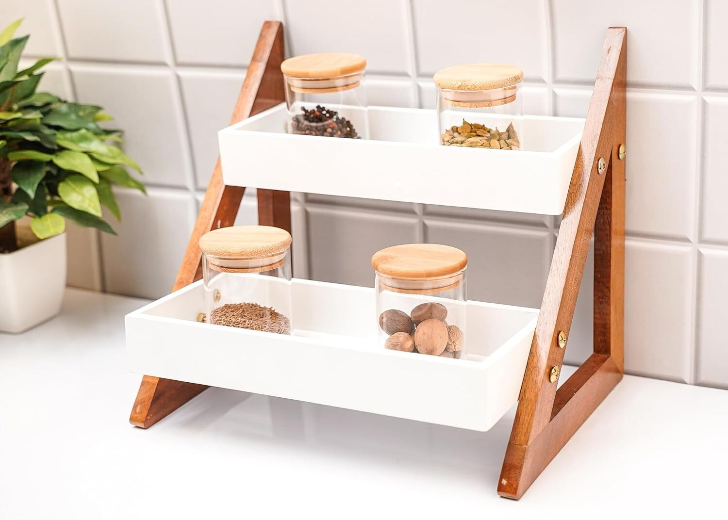 Image of Furniture Cafe Containers Kitchen Rack Wood Triangluar Countertop Spice Rack For Jars And Bottle Holder & Kithen Decor Item