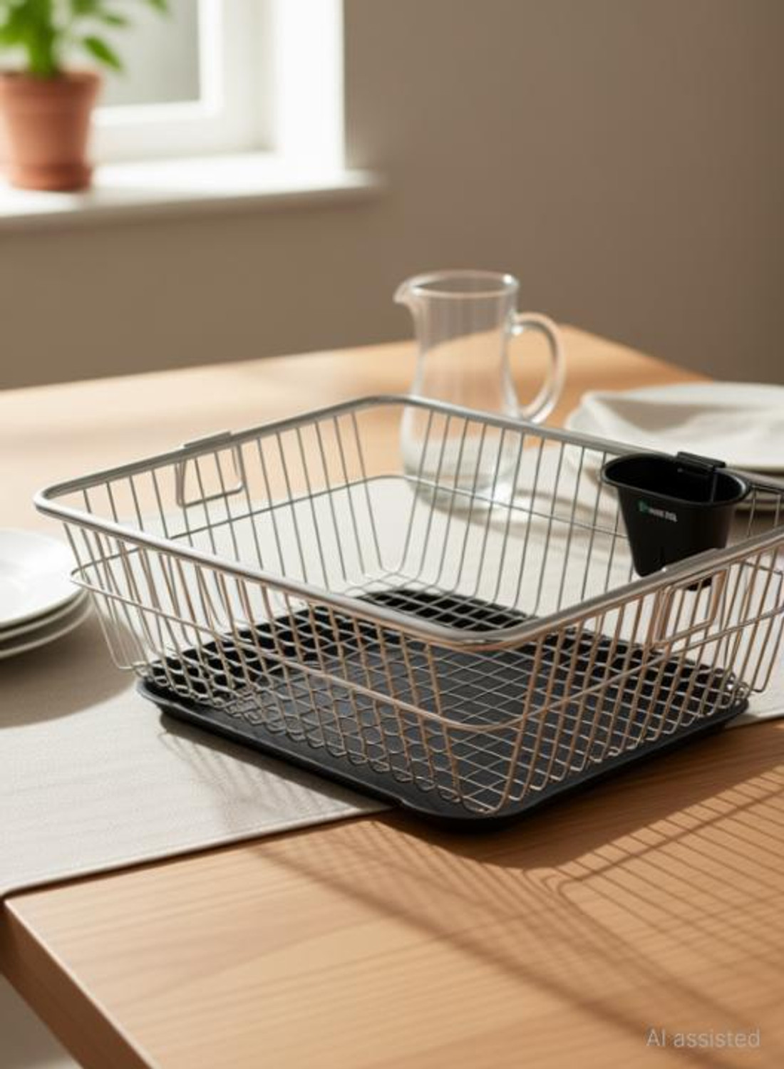 Image of iSTAR Dish Drainer Kitchen Rack Steel, Plastic Compact 2-Tier Chrome Dish Drying Rack Set w / Drain Tray & Utensil Caddy