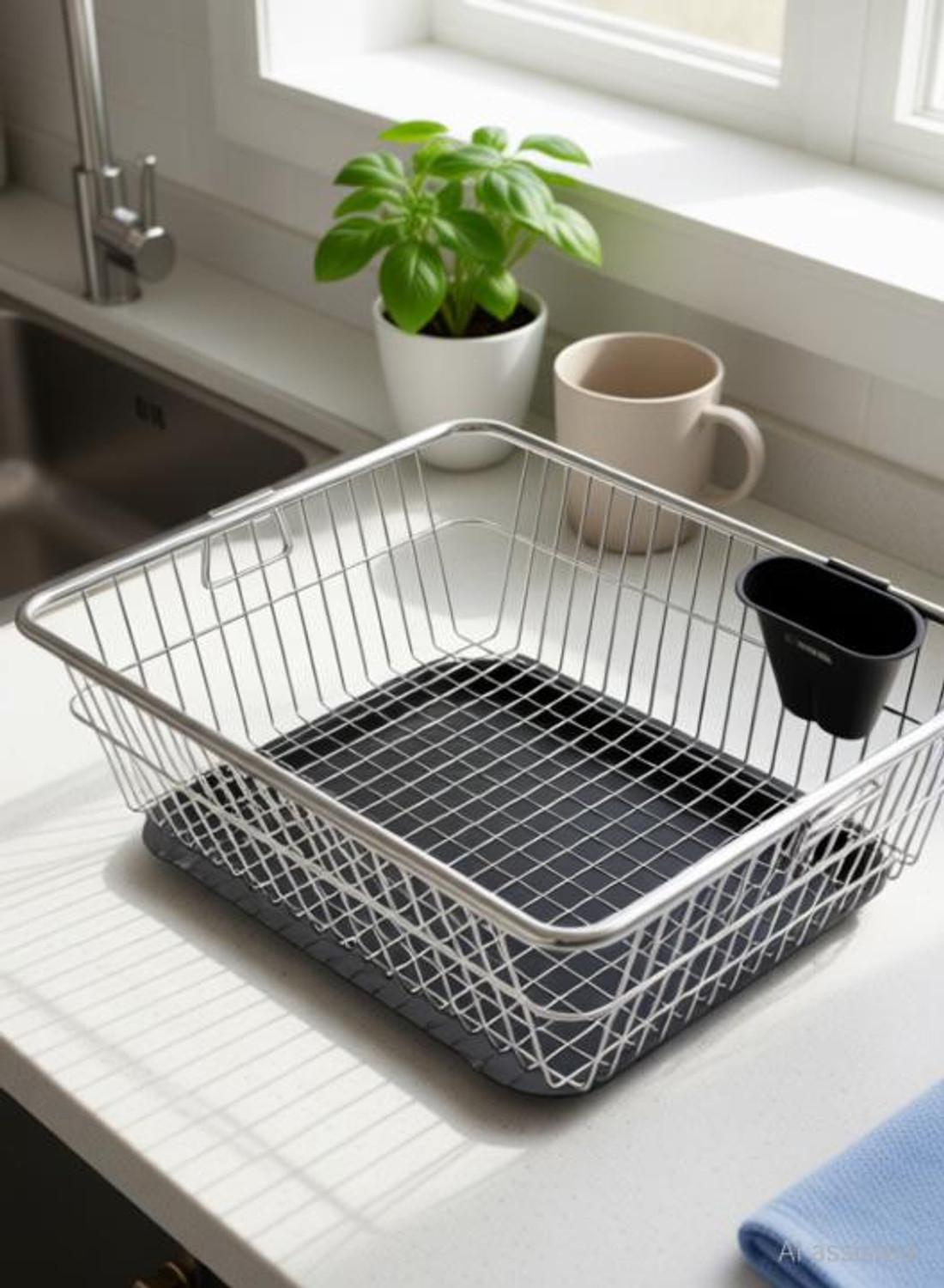 Image of iSTAR Dish Drainer Kitchen Rack Steel, Plastic Compact 2-Tier Chrome Dish Drying Rack Set w / Drain Tray & Utensil Caddy