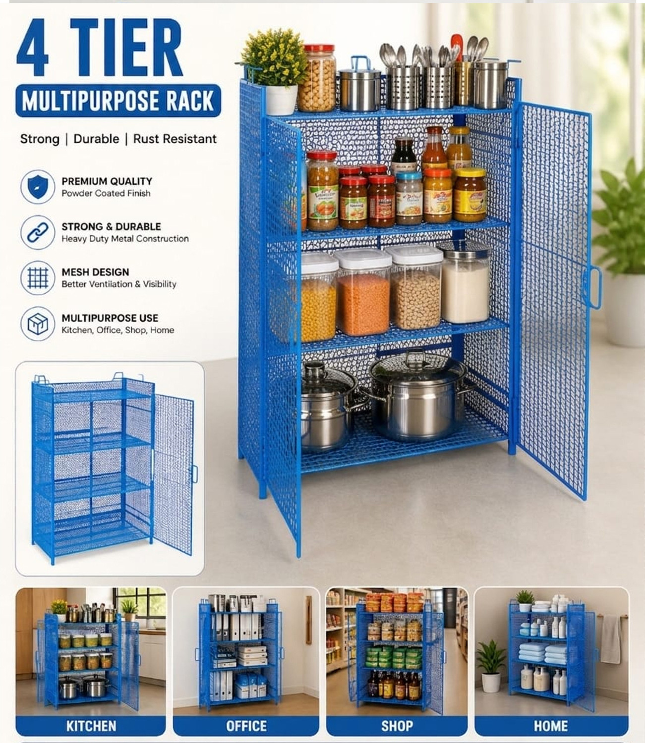 Image of Unityenterprise Fruits /Vegetables Kitchen Rack Metal Mesh Storage Cabinet 4 Layer Storage Rack (Blue) Steel