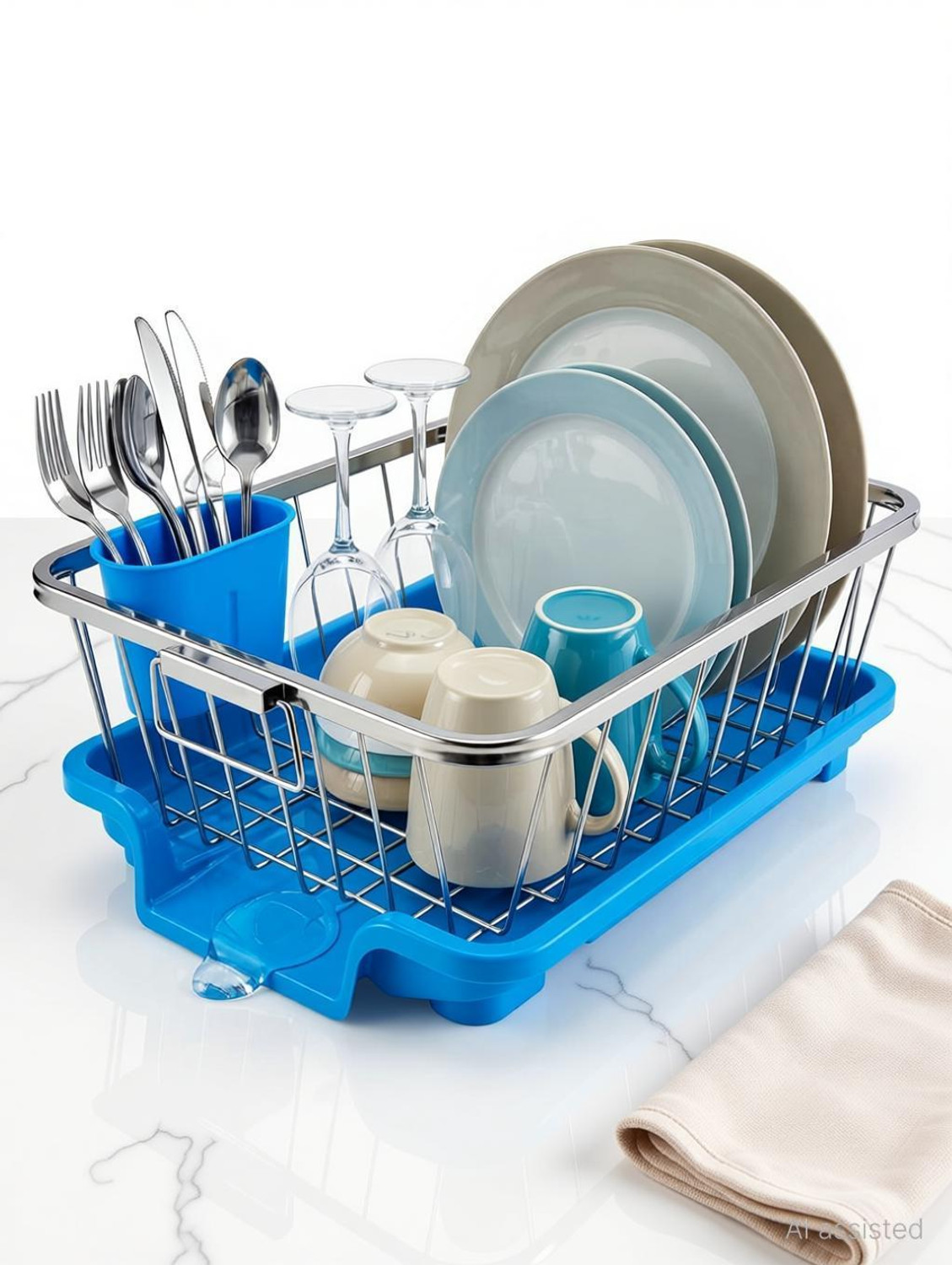 Image of Smartslide Dish Drainer Kitchen Rack Steel Dish Drainer for Kitchen Utensil Dish Rack with Draining tray & Spoon Holder
