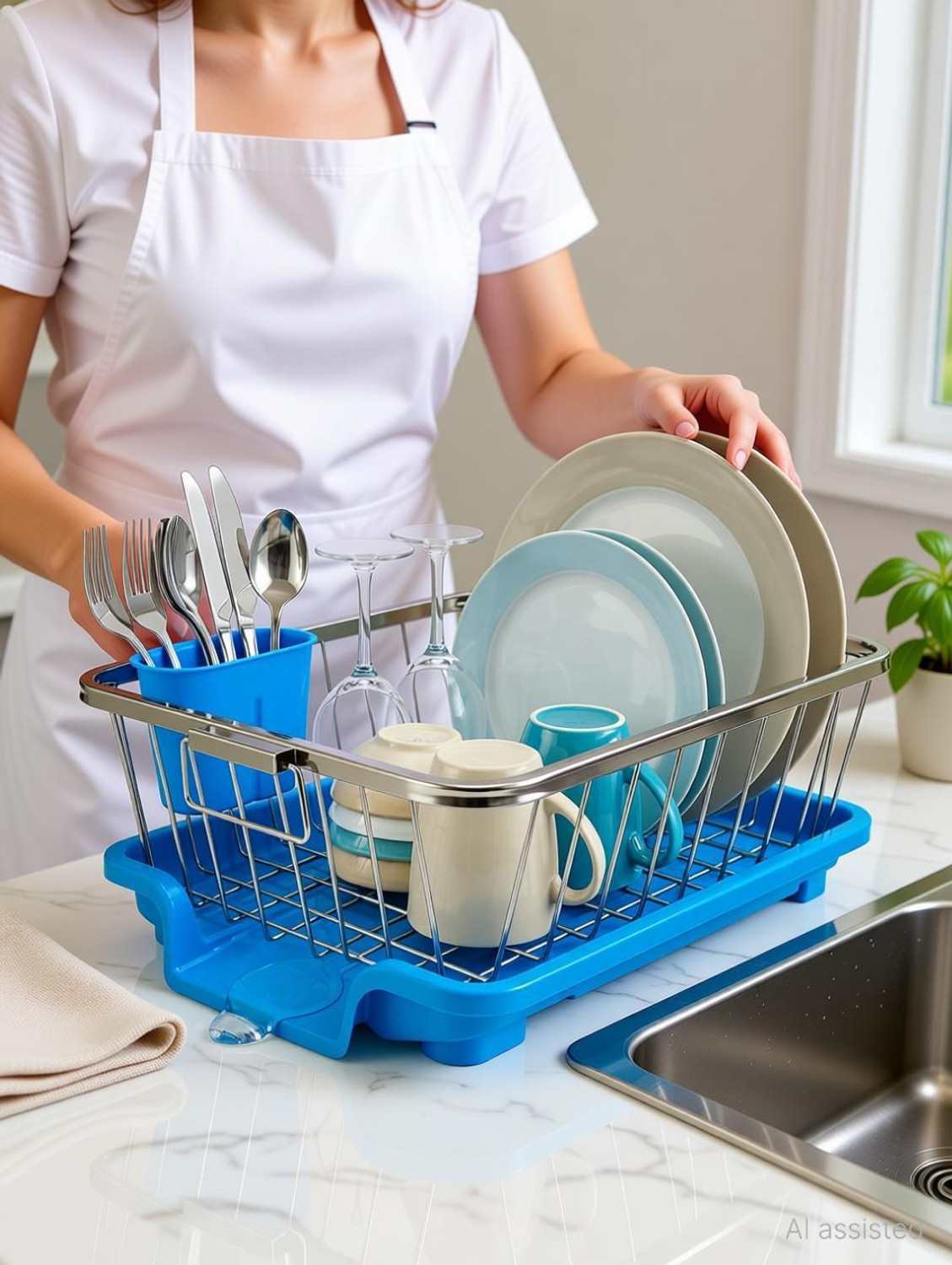 Image of Smartslide Dish Drainer Kitchen Rack Steel Dish Drainer for Kitchen Utensil Dish Rack with Draining tray & Spoon Holder